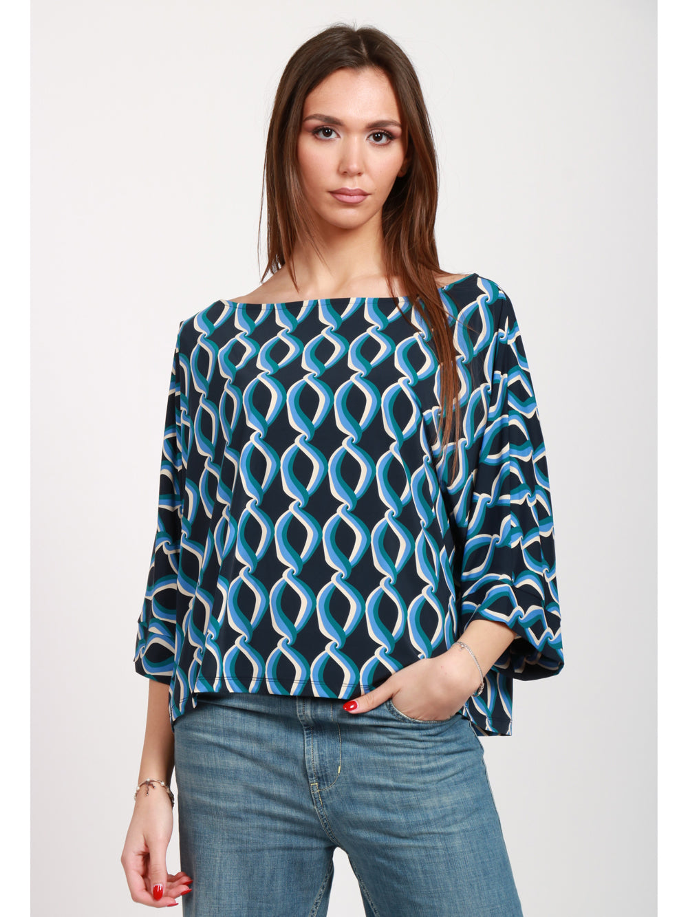 SIYU Blusa con Fantasia Blu e Celeste Blu/azzurro