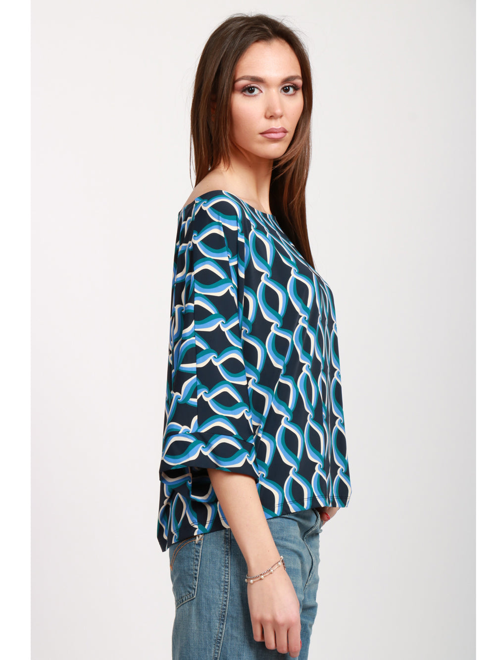 SIYU Blusa con Fantasia Blu e Celeste Blu/azzurro