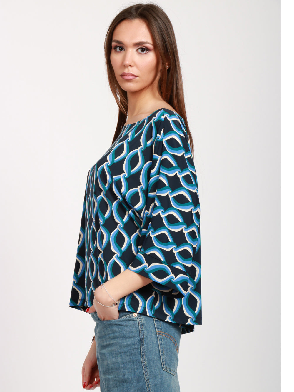 SIYU Blusa con Fantasia Blu e Celeste Blu/azzurro