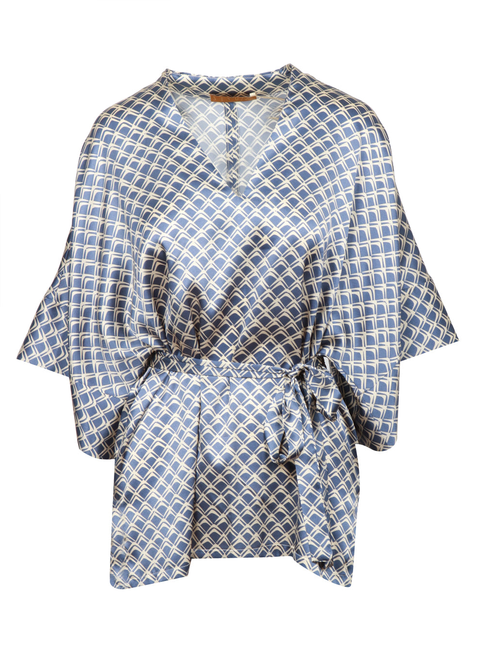 SIYU Blusa in Seta Ceruleo e Bianca a Fantasia Ceruleo/panna