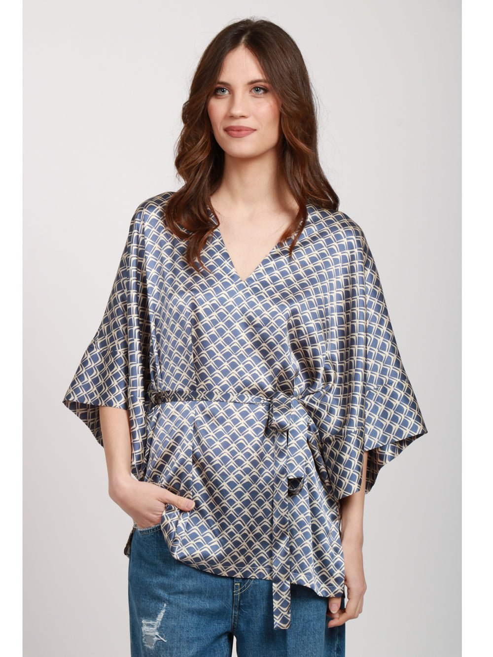 SIYU Blusa in Seta Ceruleo e Bianca a Fantasia Ceruleo/panna