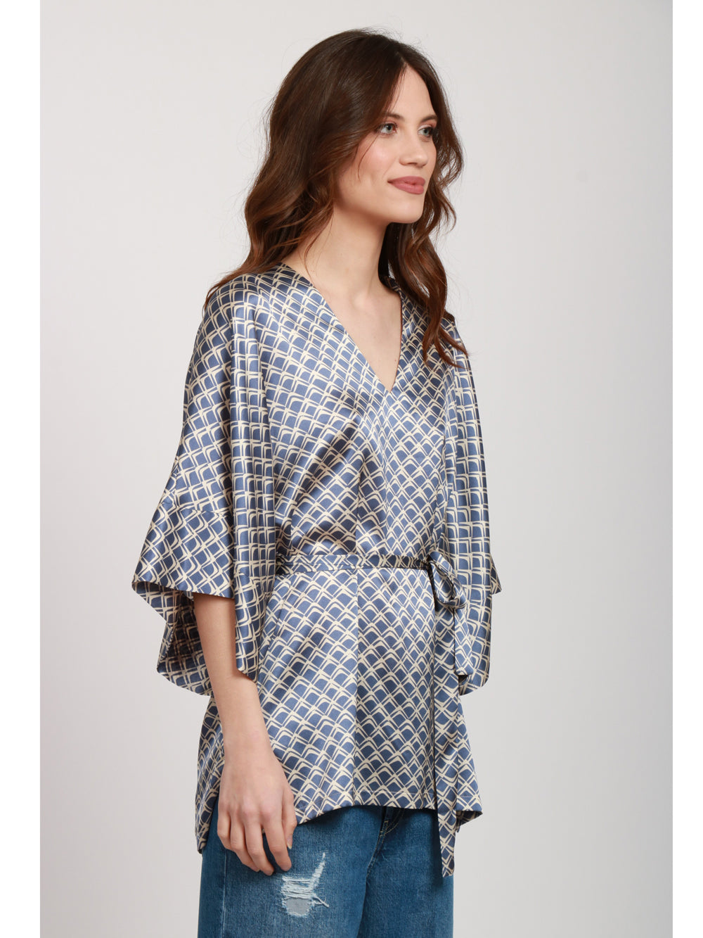 SIYU Blusa in Seta Ceruleo e Bianca a Fantasia Ceruleo/panna