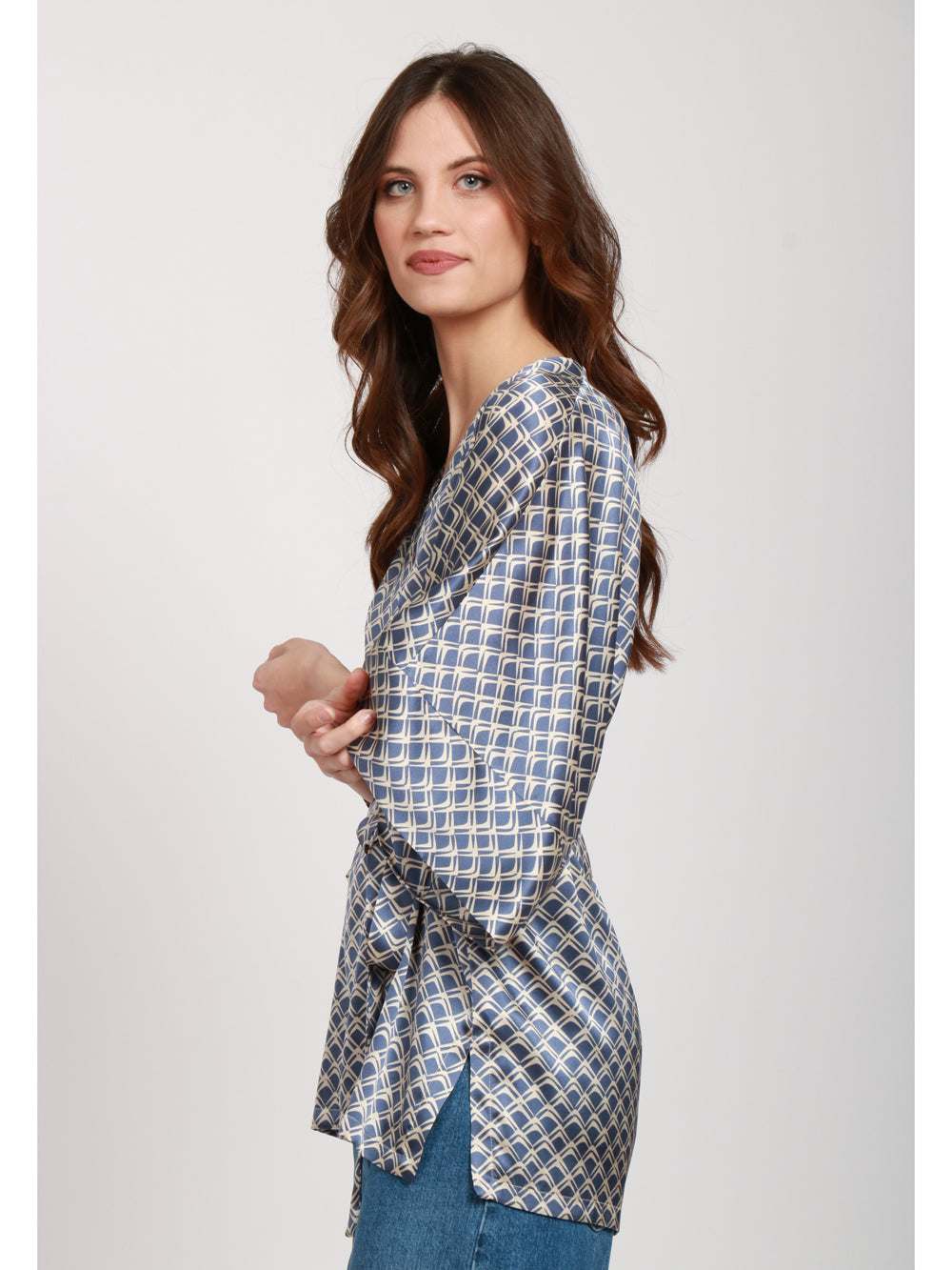 SIYU Blusa in Seta Ceruleo e Bianca a Fantasia Ceruleo/panna