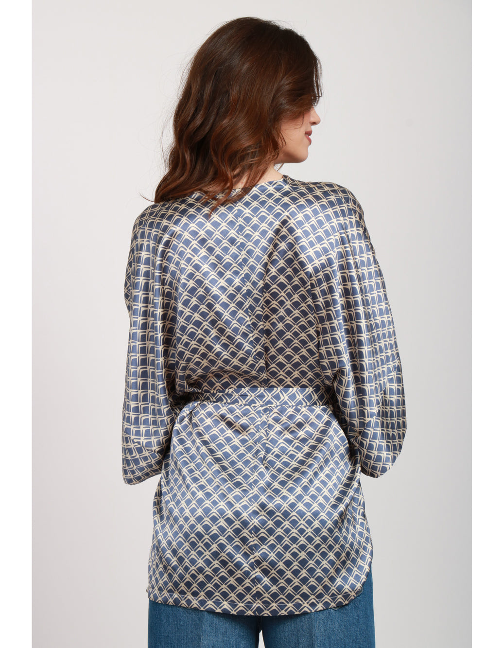 SIYU Blusa in Seta Ceruleo e Bianca a Fantasia Ceruleo/panna