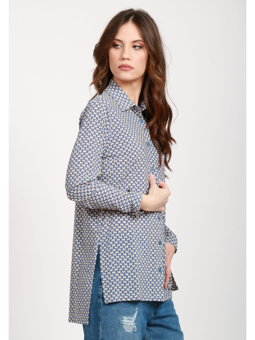 SIYU Camicia con Fantasia Azzurra e Panna Azzurro/bianco