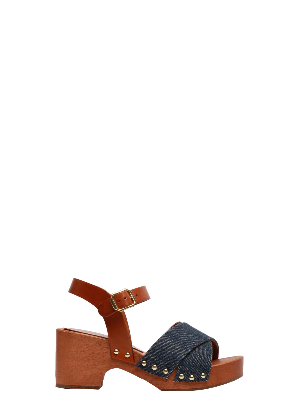 STRINGART Scarpe Zoccoli in Pelle con Fasce Incrociate Denim Denim