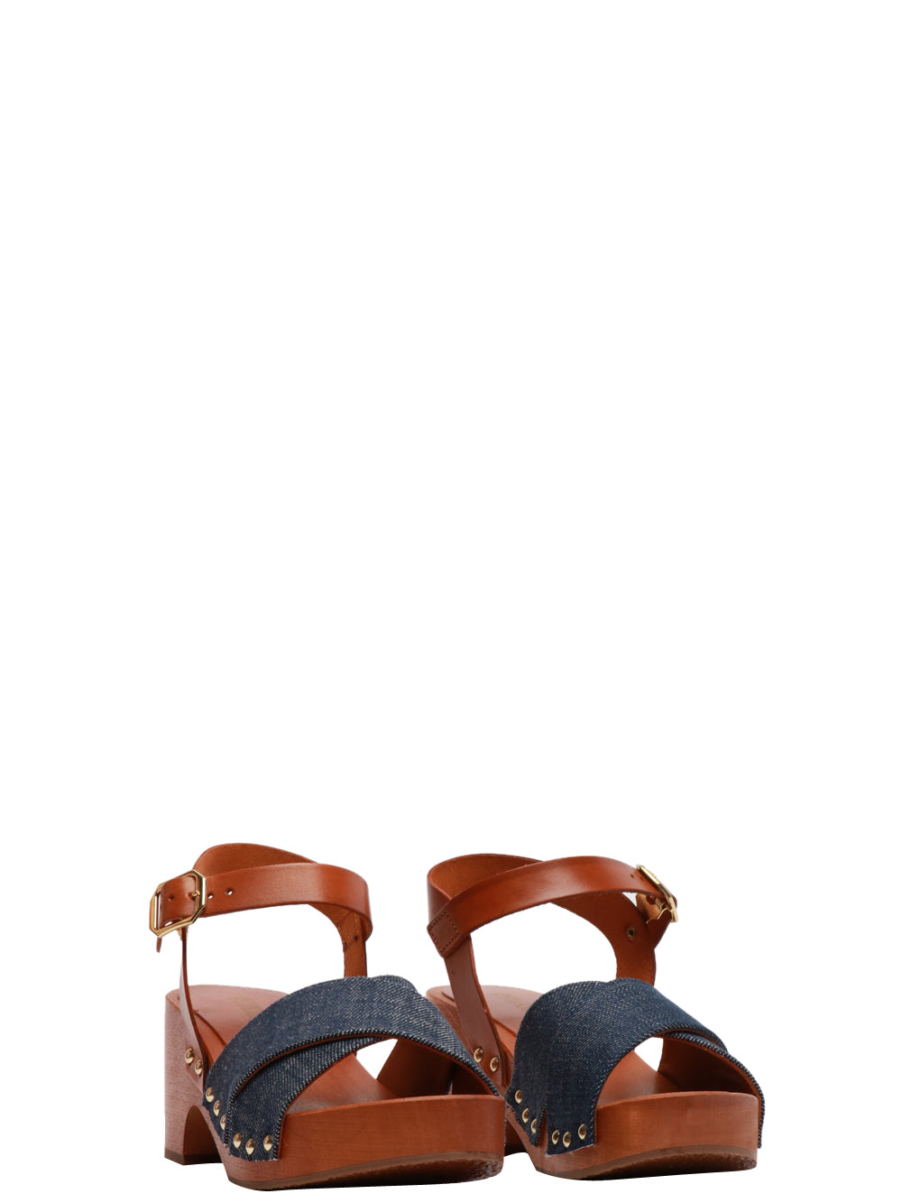 STRINGART Scarpe Zoccoli in Pelle con Fasce Incrociate Denim Denim