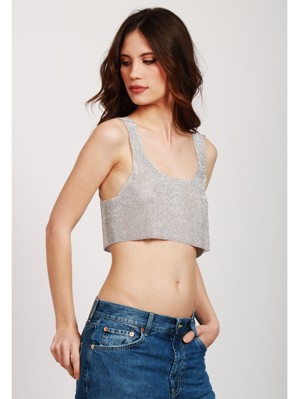 TWENTY FOURHAITCH Top Atene Crop in Rete di Cristalli Argento Argento