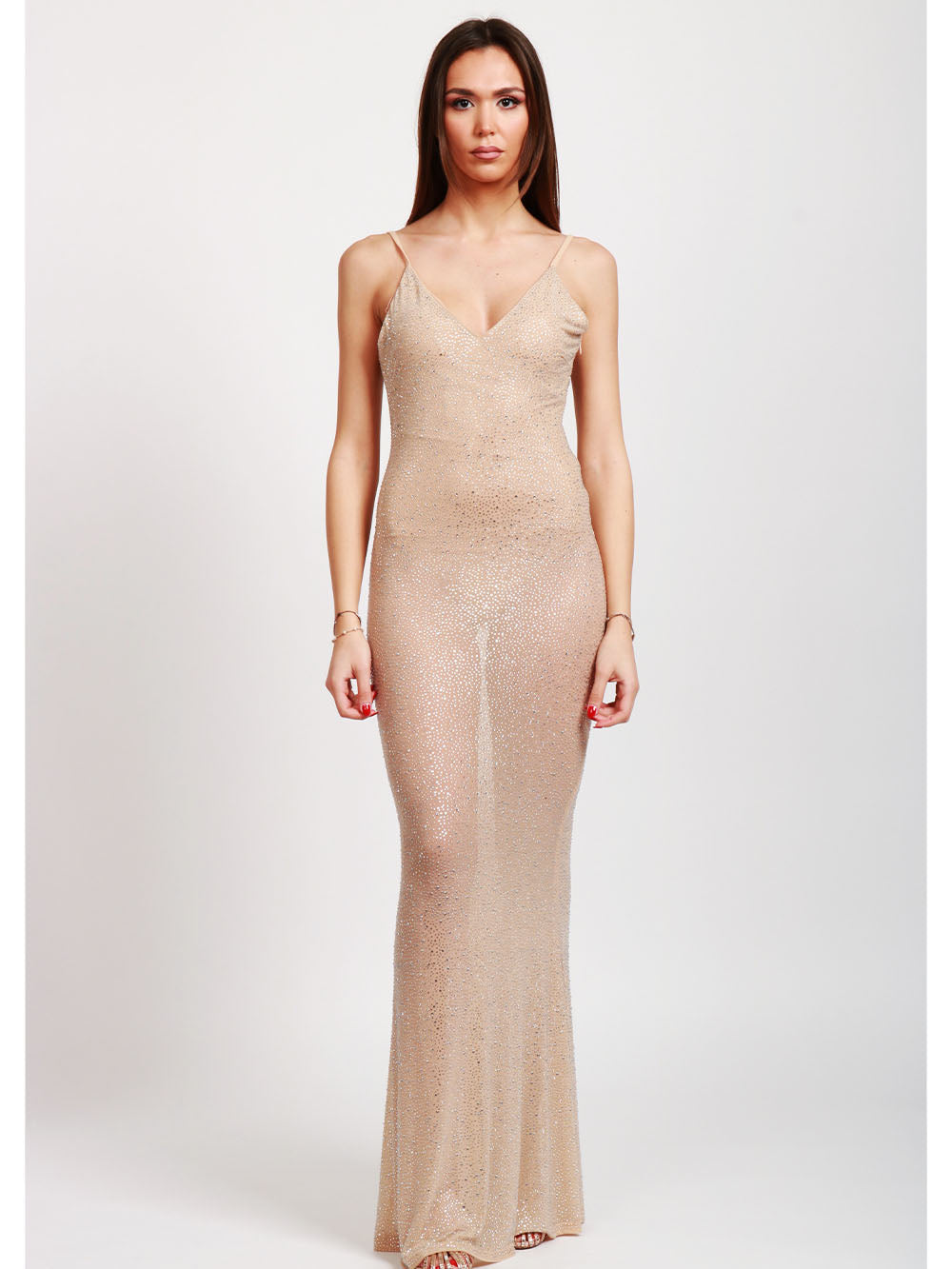 TWENTY FOURHAITCH Vestito Atlanta Lungo Sottoveste Cipria con Strass Nude