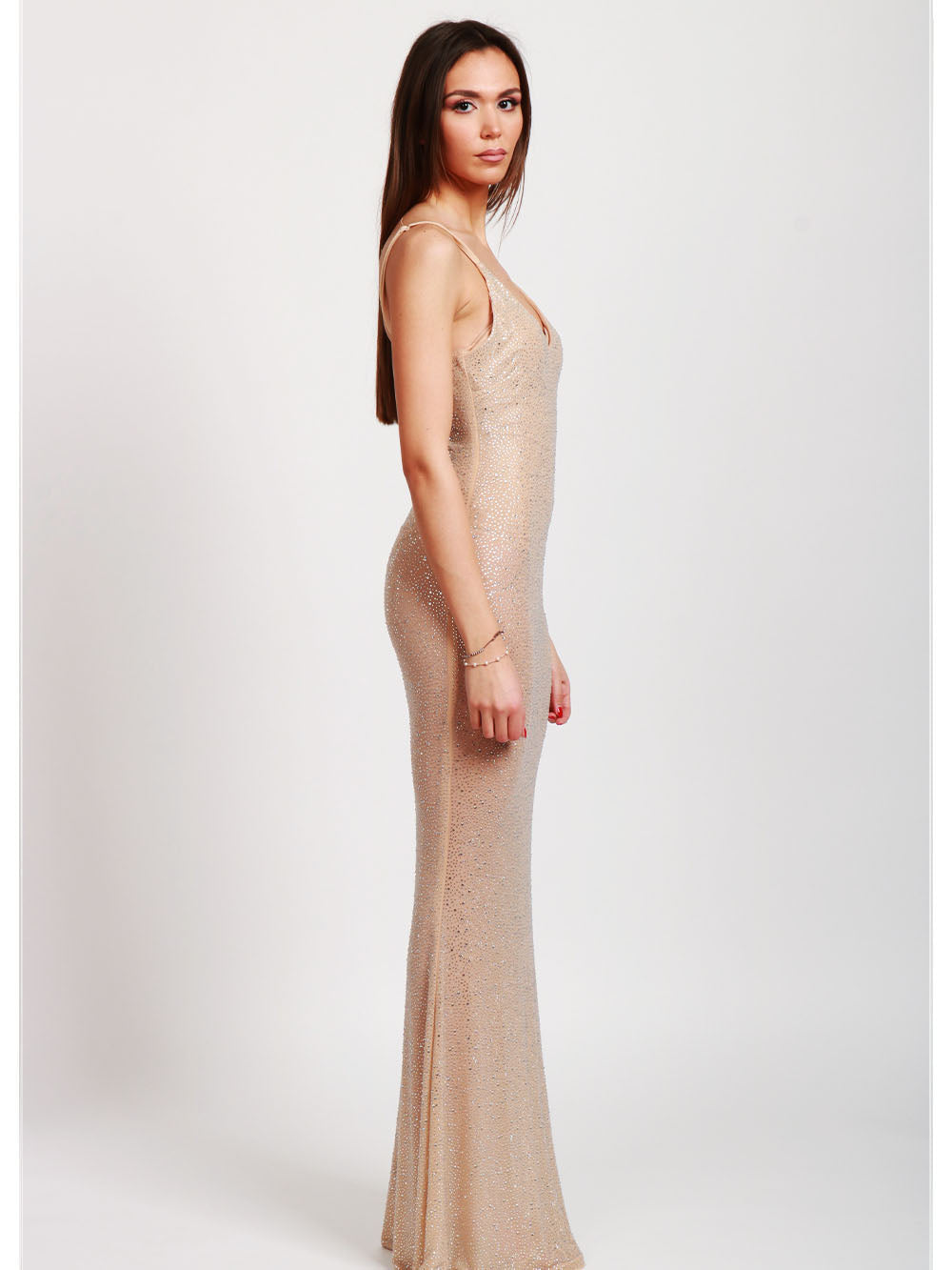 TWENTY FOURHAITCH Vestito Atlanta Lungo Sottoveste Cipria con Strass Nude