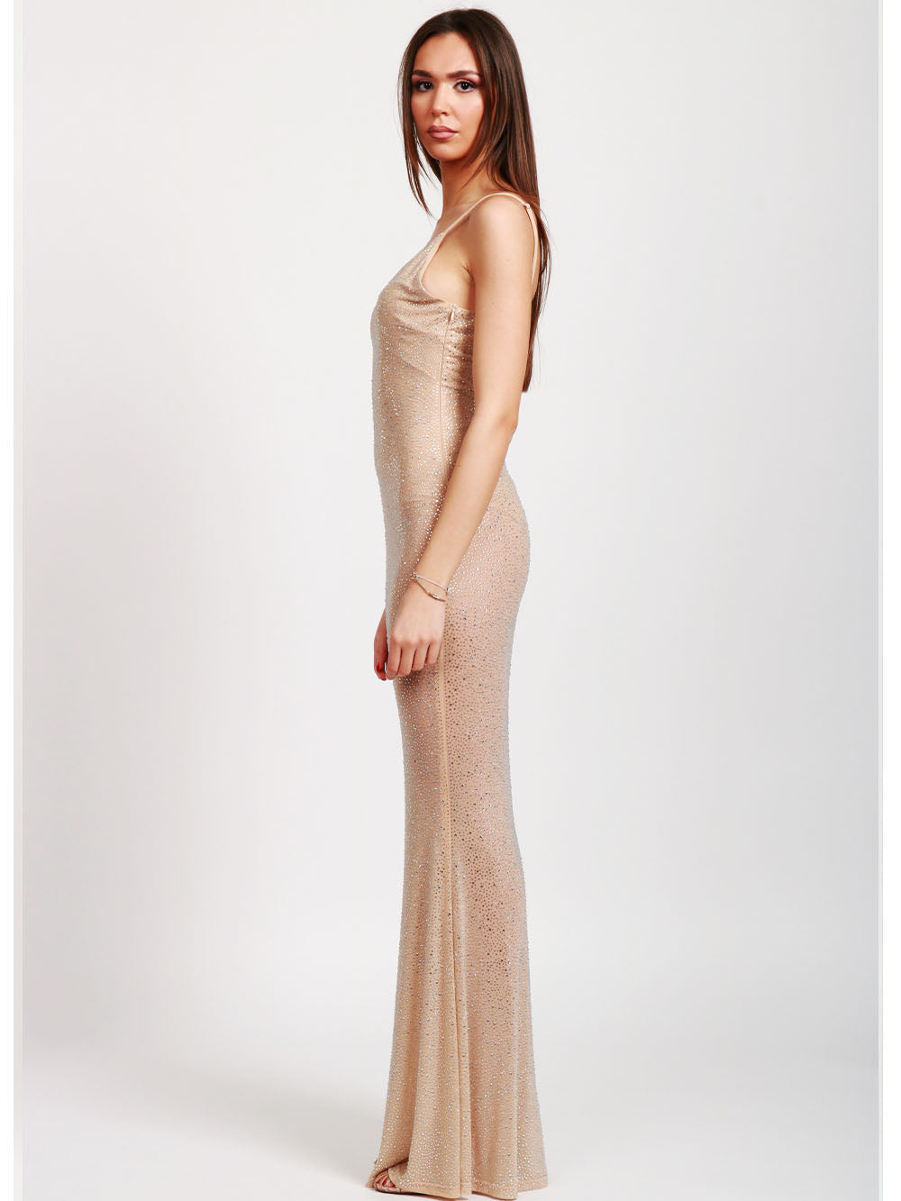 TWENTY FOURHAITCH Vestito Atlanta Lungo Sottoveste Cipria con Strass Nude