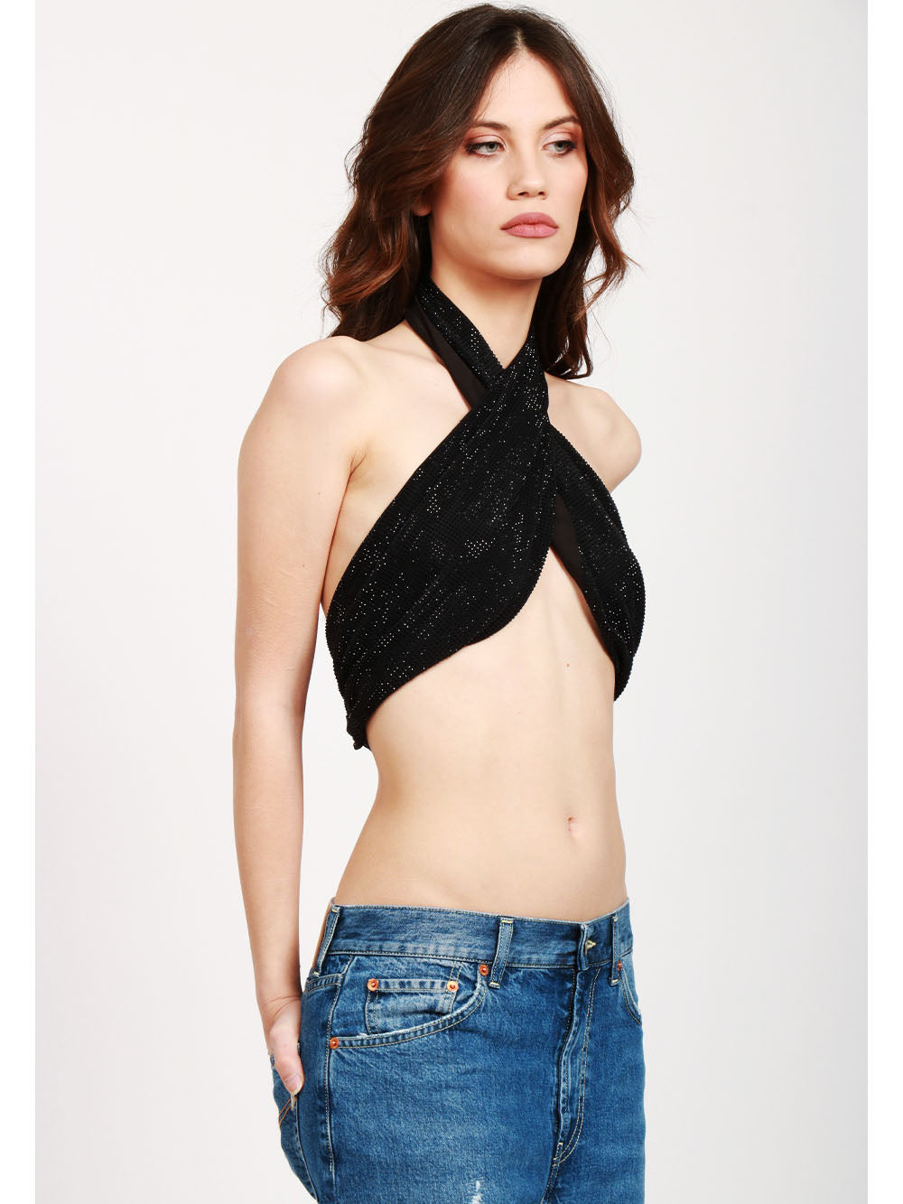 TWENTY FOURHAITCH Top Santorini Incrociato Nero con Strass Nero