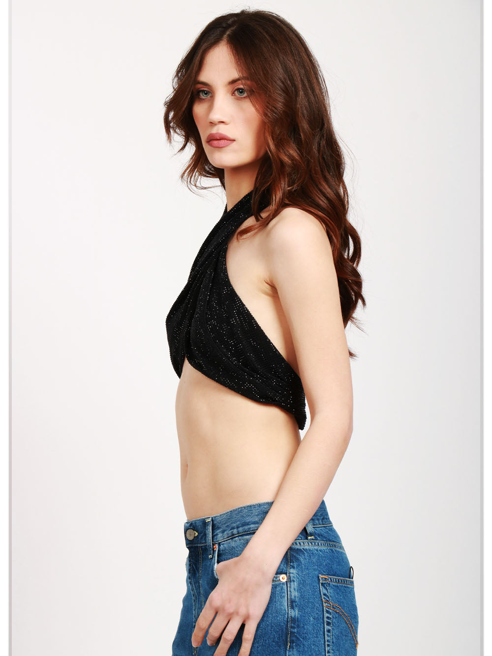 TWENTY FOURHAITCH Top Santorini Incrociato Nero con Strass Nero