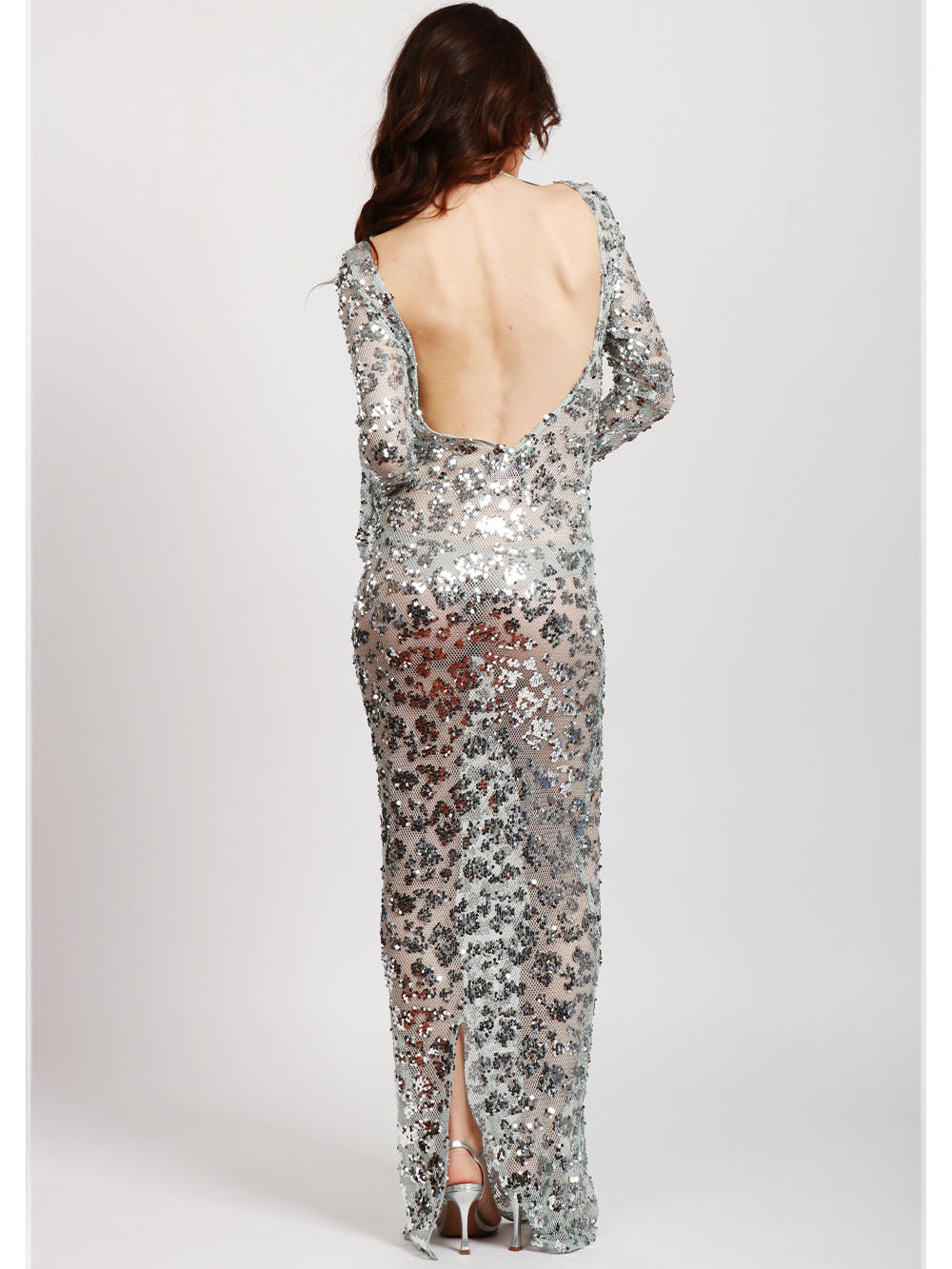 TWENTY FOURHAITCH Vestito Texas Lungo in Rete Polvere con Paillettes Argento