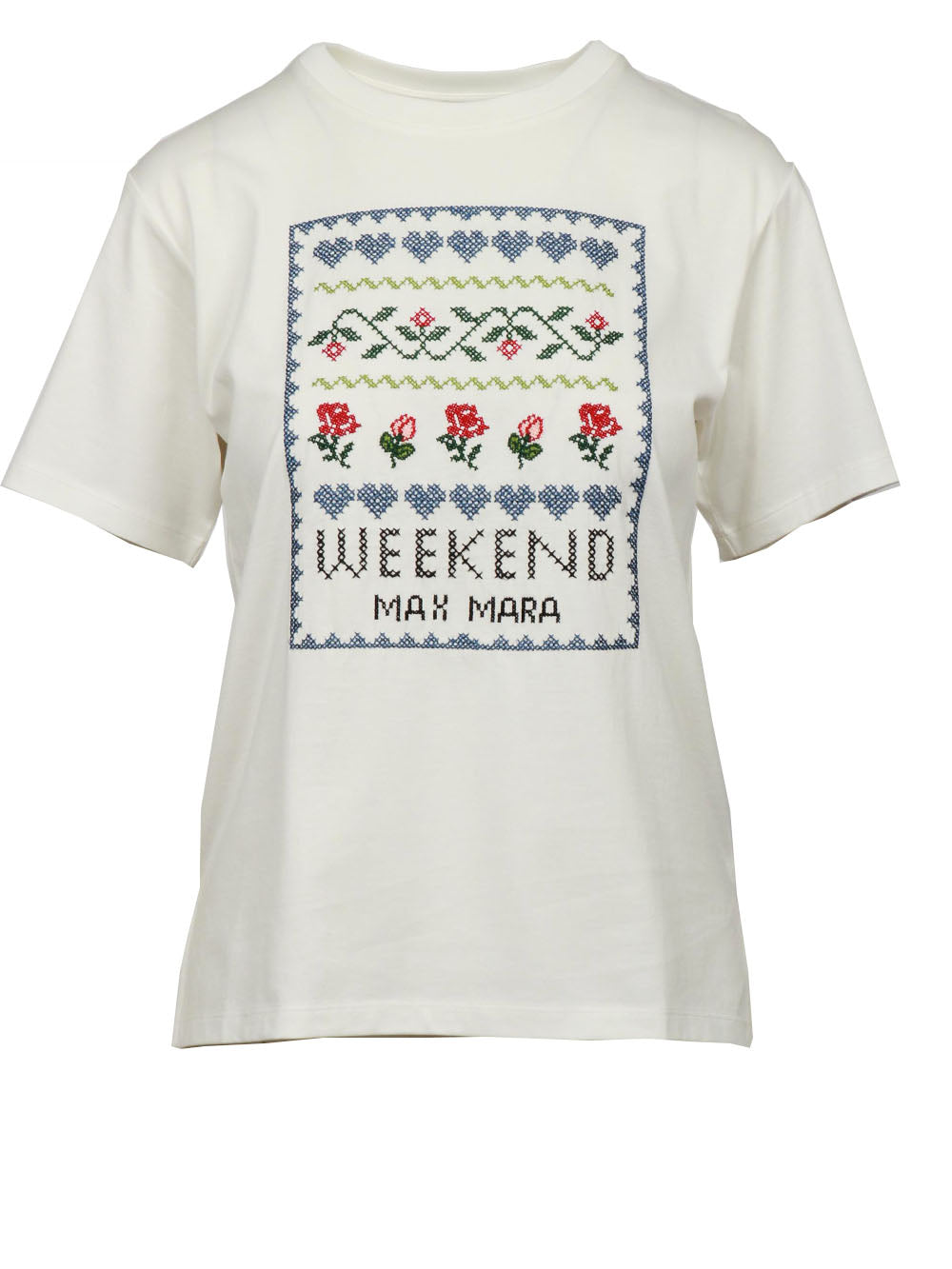 WEEKEND MAX MARA T-Shirt Cabina Girocollo in Cotone Bianca con Ricami Floreali Bianco/blu/rosso