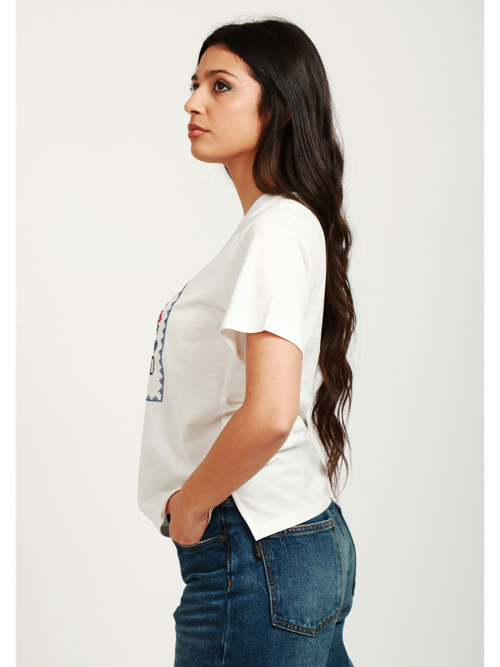 WEEKEND MAX MARA T-Shirt Cabina Girocollo in Cotone Bianca con Ricami Floreali Bianco/blu/rosso