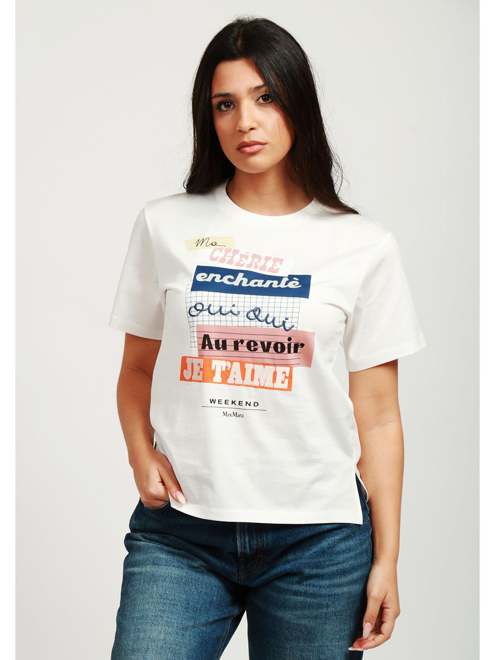 WEEKEND MAX MARA T-Shirt Cabina Girocollo in Cotone Bianca con Stampa Bianco+Color