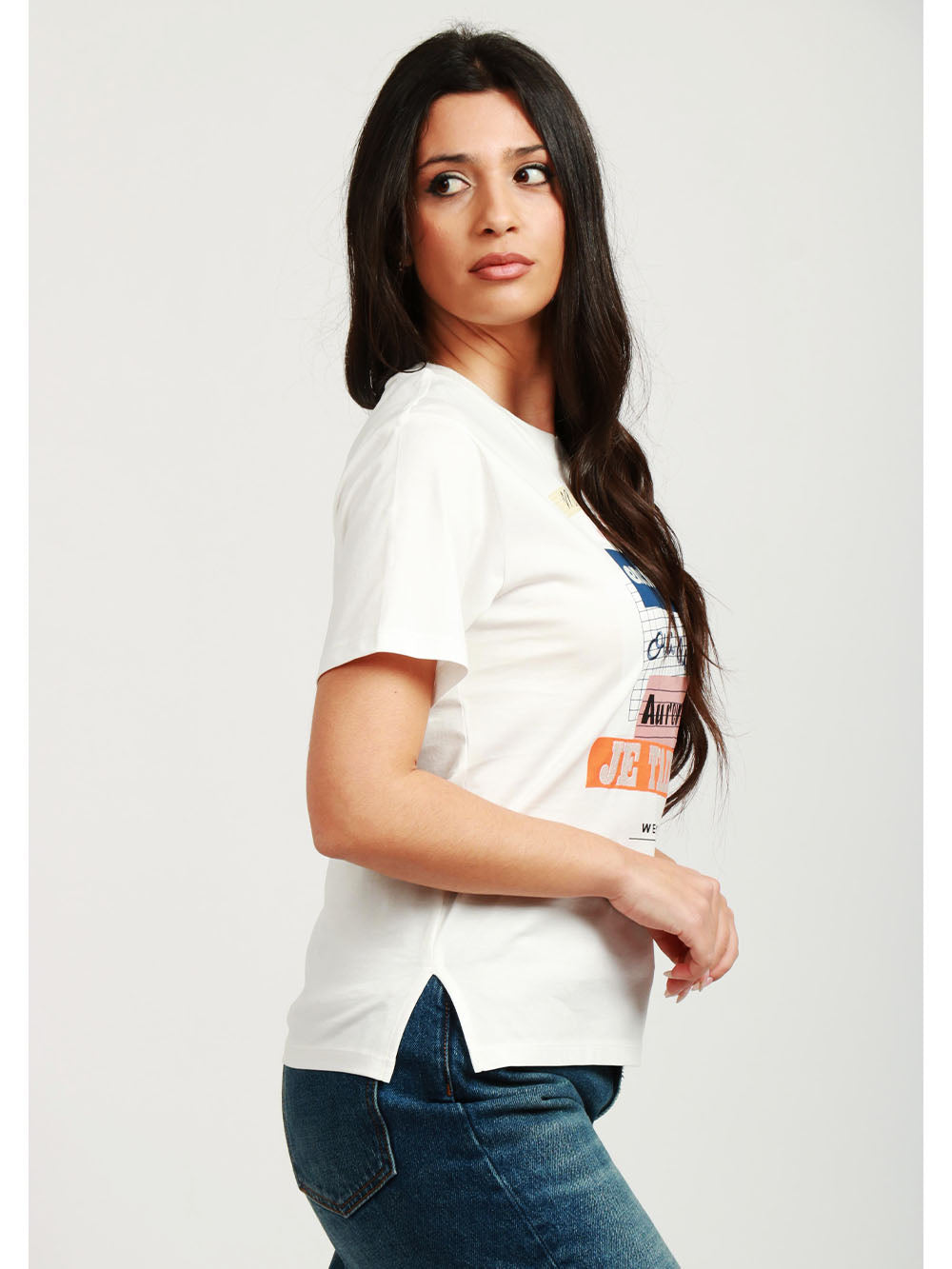 WEEKEND MAX MARA T-Shirt Cabina Girocollo in Cotone Bianca con Stampa Bianco+Color