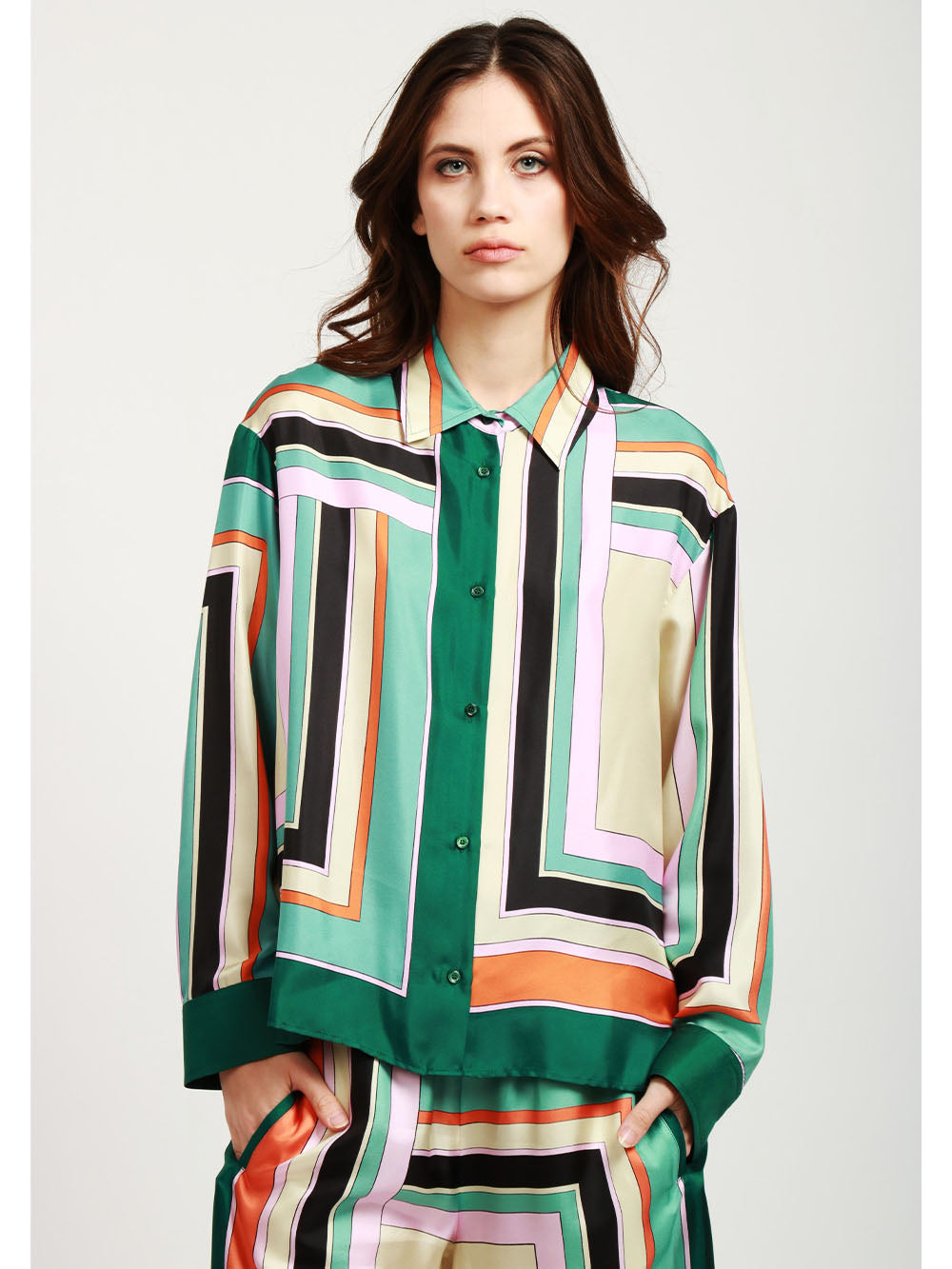 WEEKEND MAX MARA Camicia Formia in Twill di Seta con Fantasia Geometrica Verde+Color