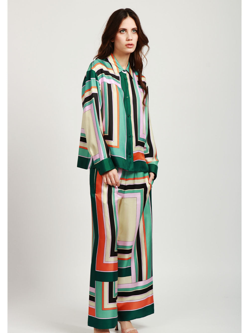 WEEKEND MAX MARA Camicia Formia in Twill di Seta con Fantasia Geometrica Verde+Color