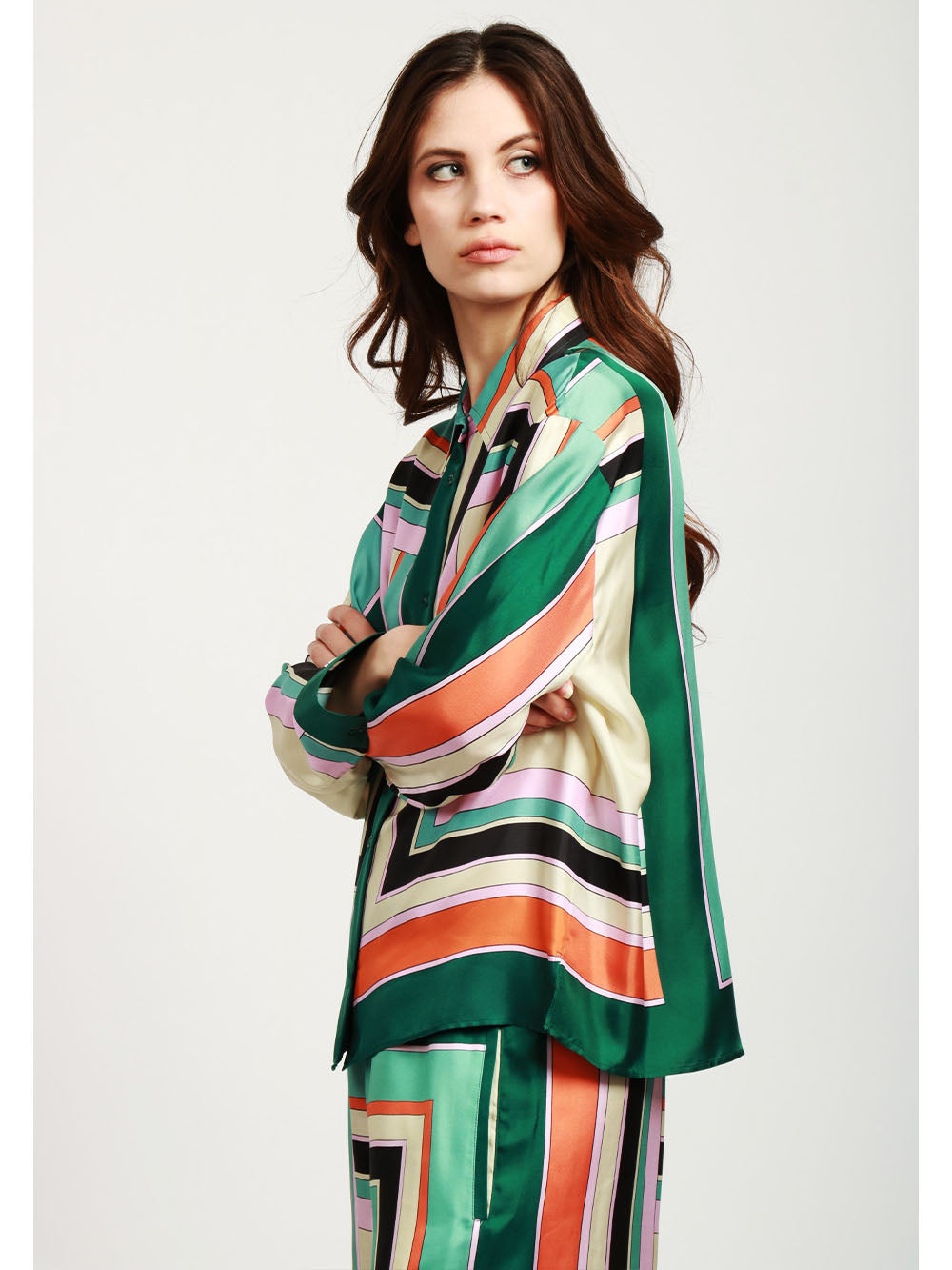 WEEKEND MAX MARA Camicia Formia in Twill di Seta con Fantasia Geometrica Verde+Color