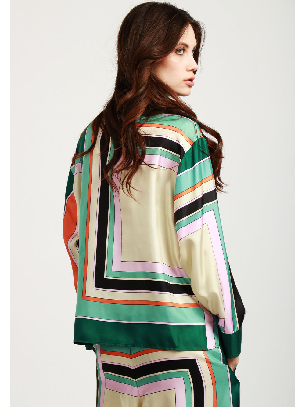 WEEKEND MAX MARA Camicia Formia in Twill di Seta con Fantasia Geometrica Verde+Color