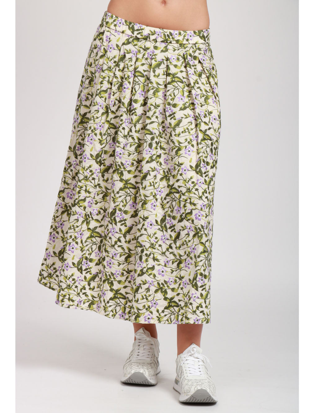 WEEKEND MAX MARA Gonna Orme con Pieghe in Cotone fiori ricamati Avorio e Verde Verde/avorio