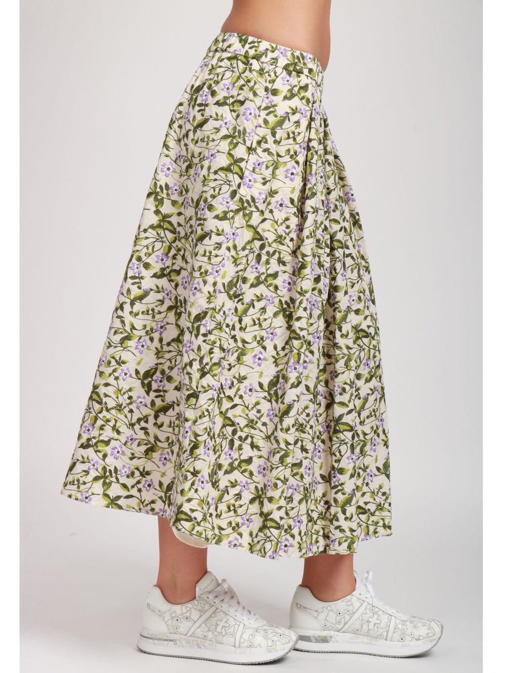 WEEKEND MAX MARA Gonna Orme con Pieghe in Cotone fiori ricamati Avorio e Verde Verde/avorio