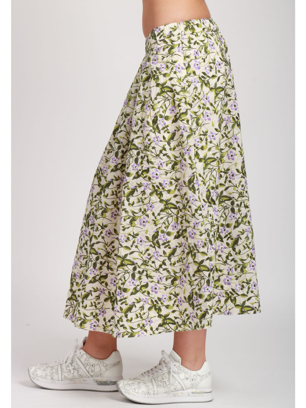 WEEKEND MAX MARA Gonna Orme con Pieghe in Cotone fiori ricamati Avorio e Verde Verde/avorio