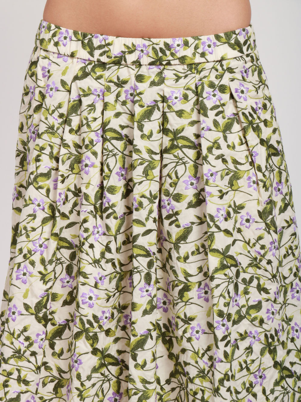 WEEKEND MAX MARA Gonna Orme con Pieghe in Cotone fiori ricamati Avorio e Verde Verde/avorio