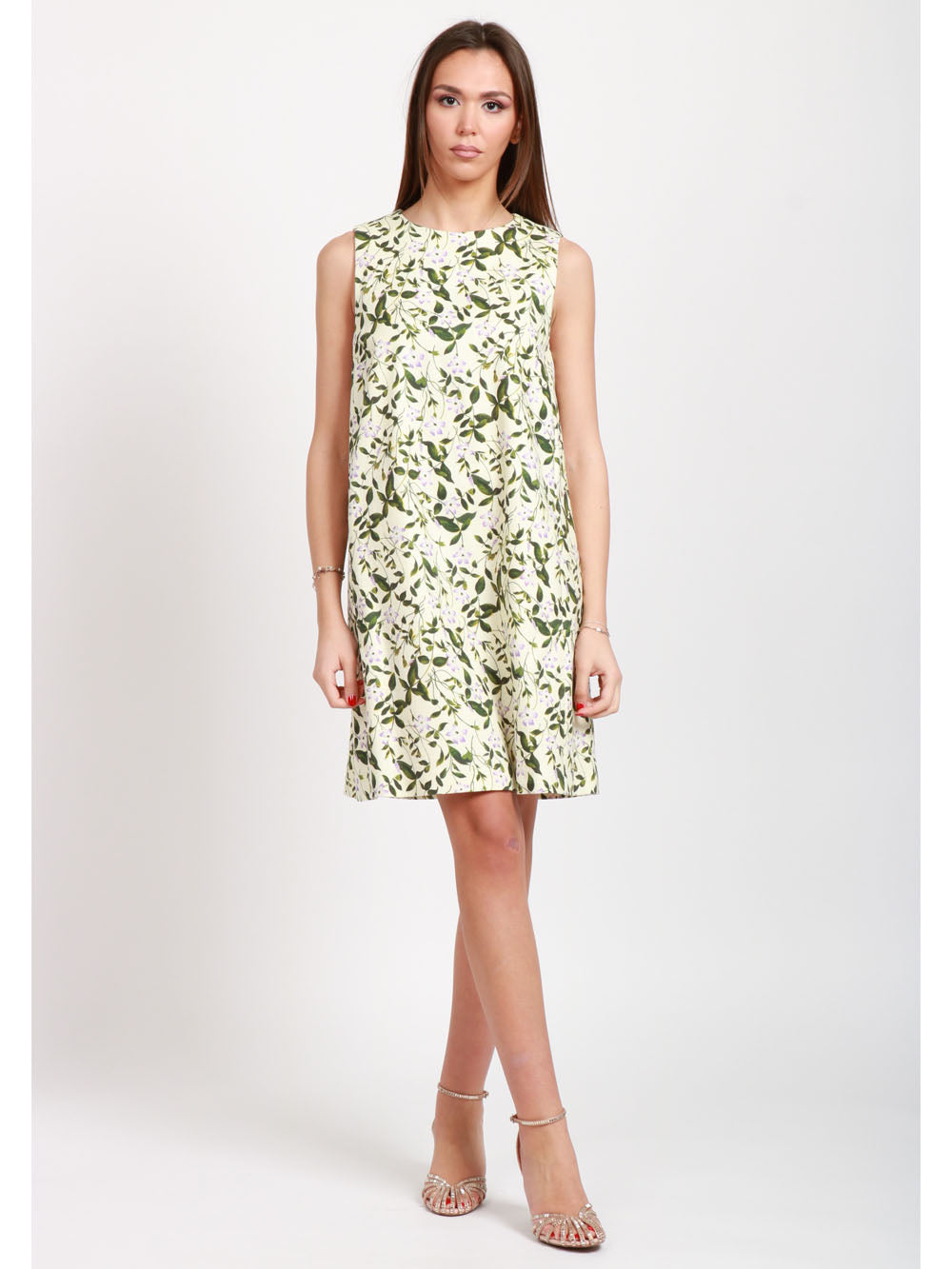 WEEKEND MAX MARA Vestito Ornati corto smanicato a fiori avorio e verde Verde/avorio