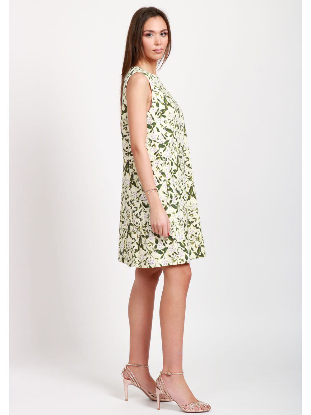 WEEKEND MAX MARA Vestito Ornati corto smanicato a fiori avorio e verde Verde/avorio