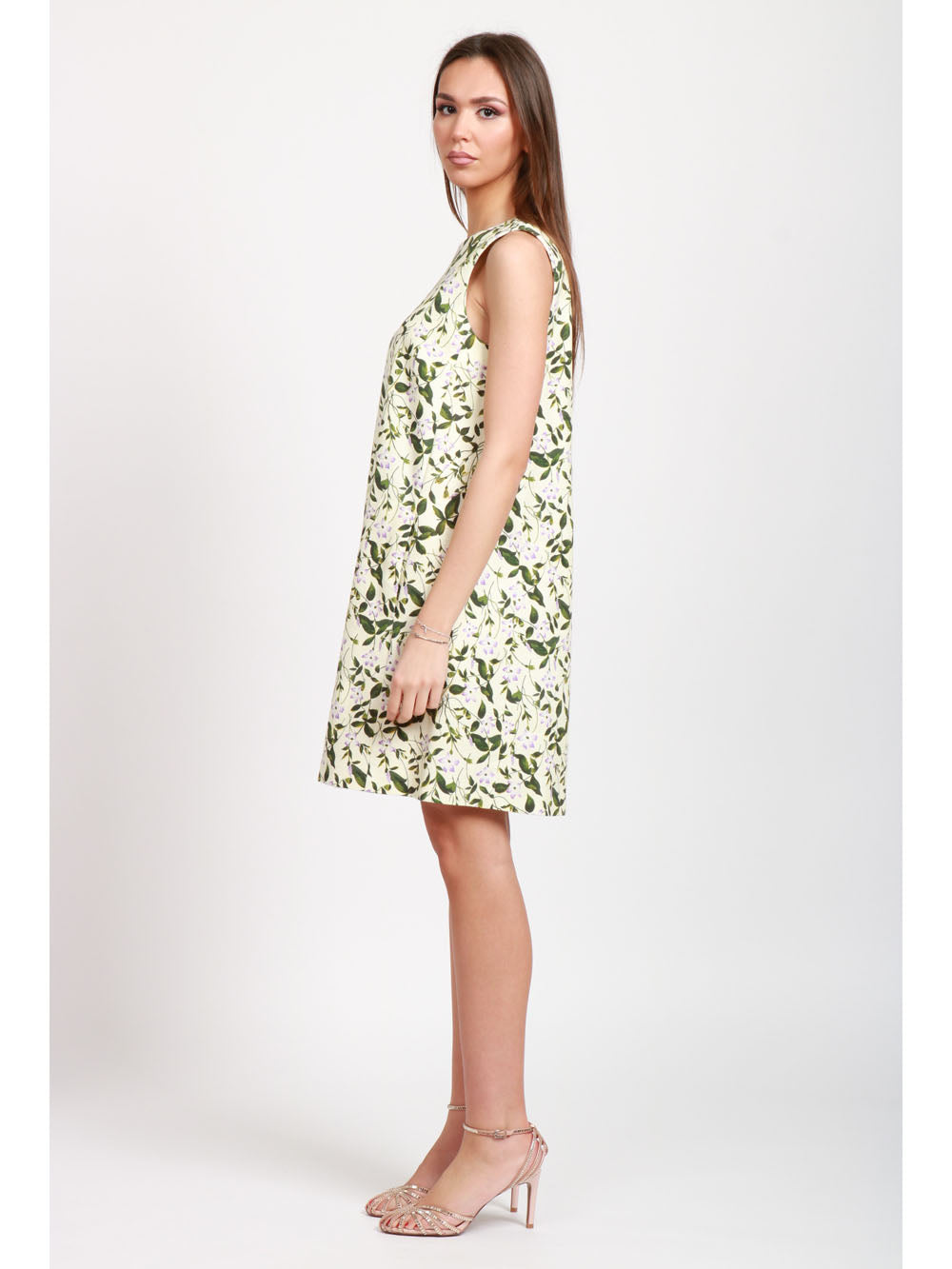 WEEKEND MAX MARA Vestito Ornati corto smanicato a fiori avorio e verde Verde/avorio