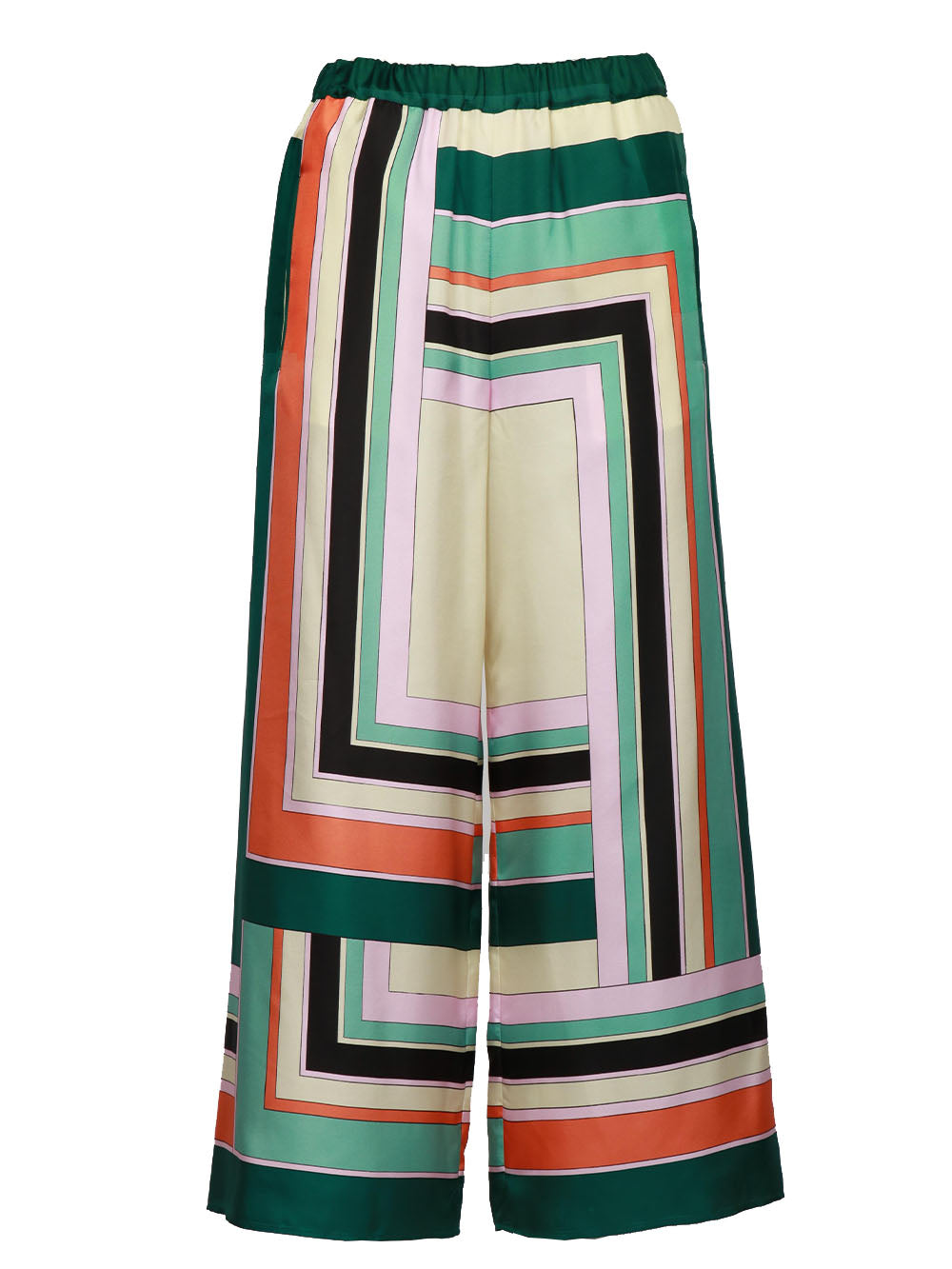 WEEKEND MAX MARA Pantaloni Ottavo in Seta con Stampa Geometrica Verde Arancione Avorio Verde+Color