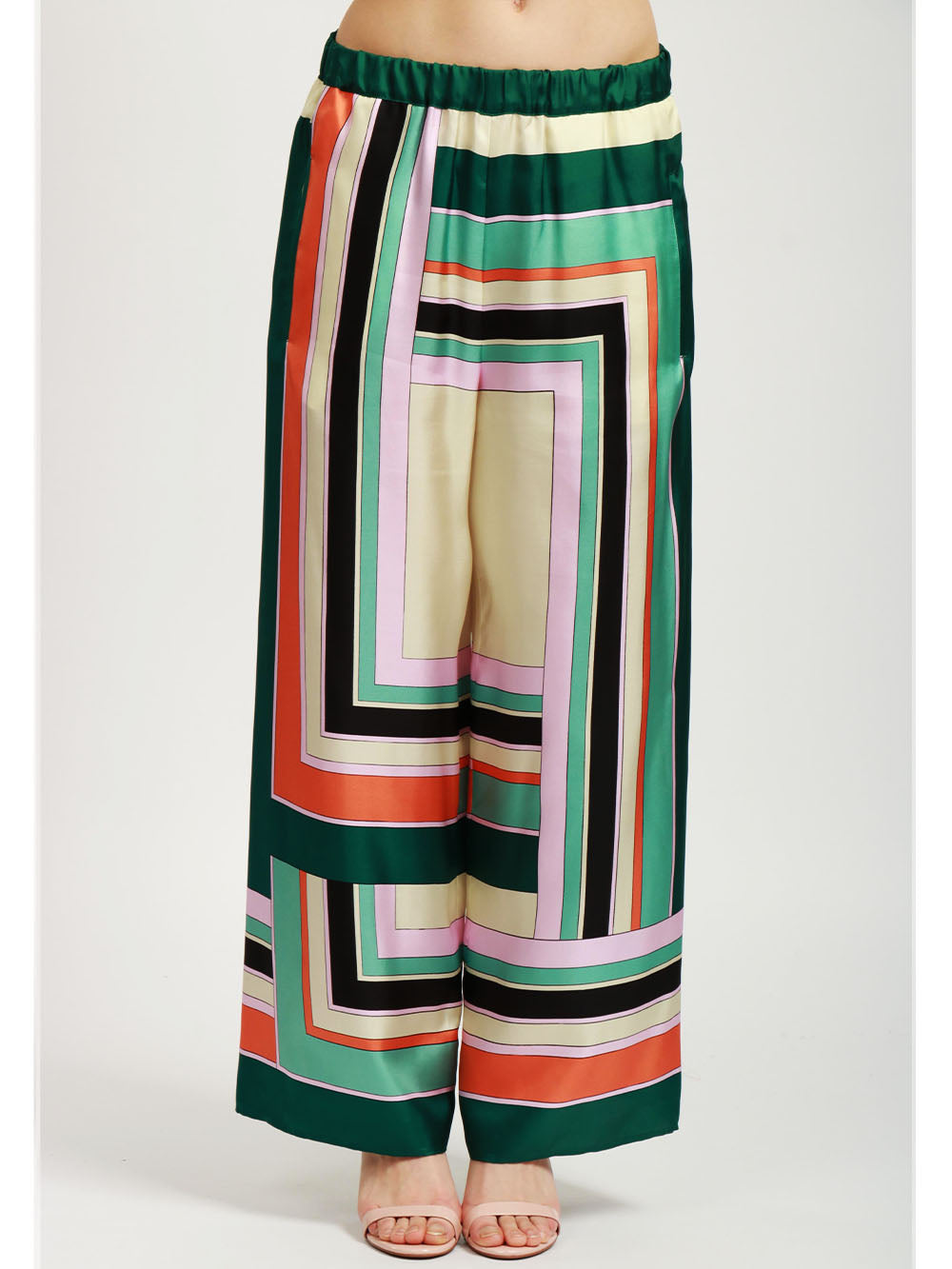 WEEKEND MAX MARA Pantaloni Ottavo in Seta con Stampa Geometrica Verde Arancione Avorio Verde+Color
