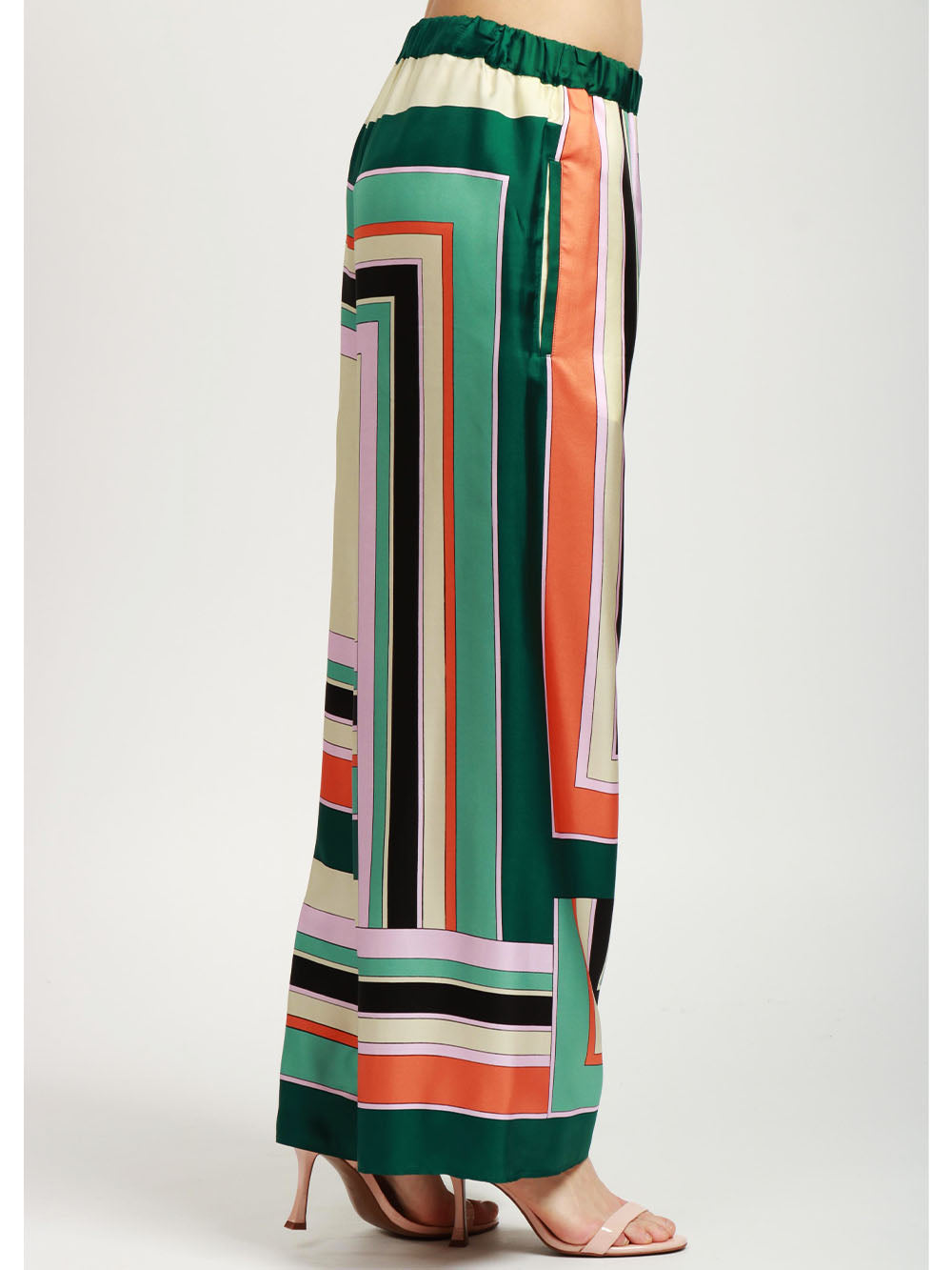 WEEKEND MAX MARA Pantaloni Ottavo in Seta con Stampa Geometrica Verde Arancione Avorio Verde+Color