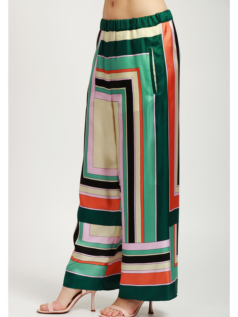 WEEKEND MAX MARA Pantaloni Ottavo in Seta con Stampa Geometrica Verde Arancione Avorio Verde+Color
