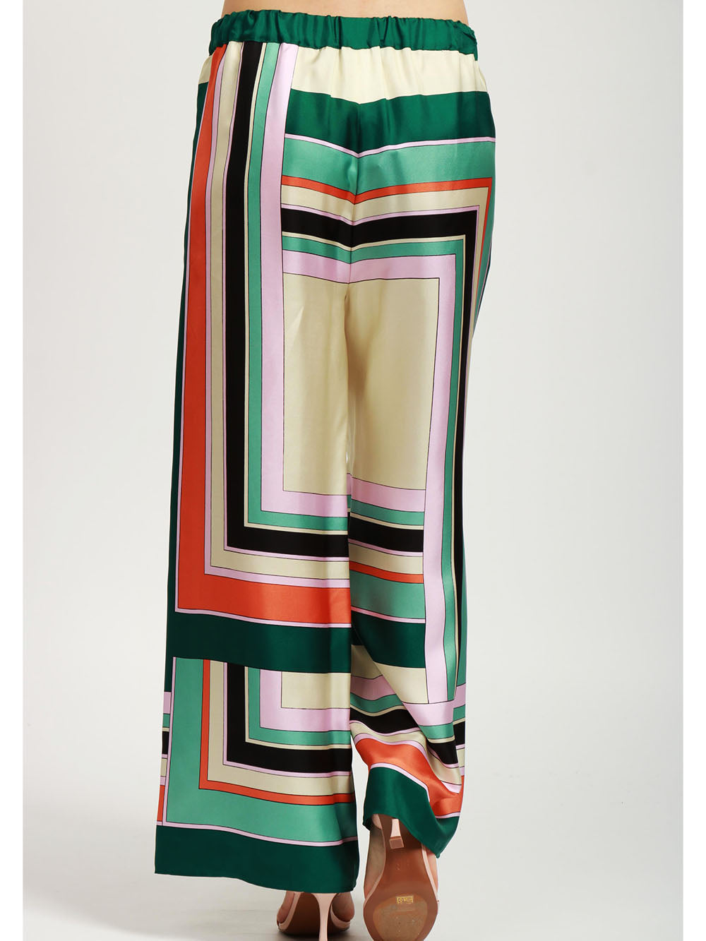 WEEKEND MAX MARA Pantaloni Ottavo in Seta con Stampa Geometrica Verde Arancione Avorio Verde+Color