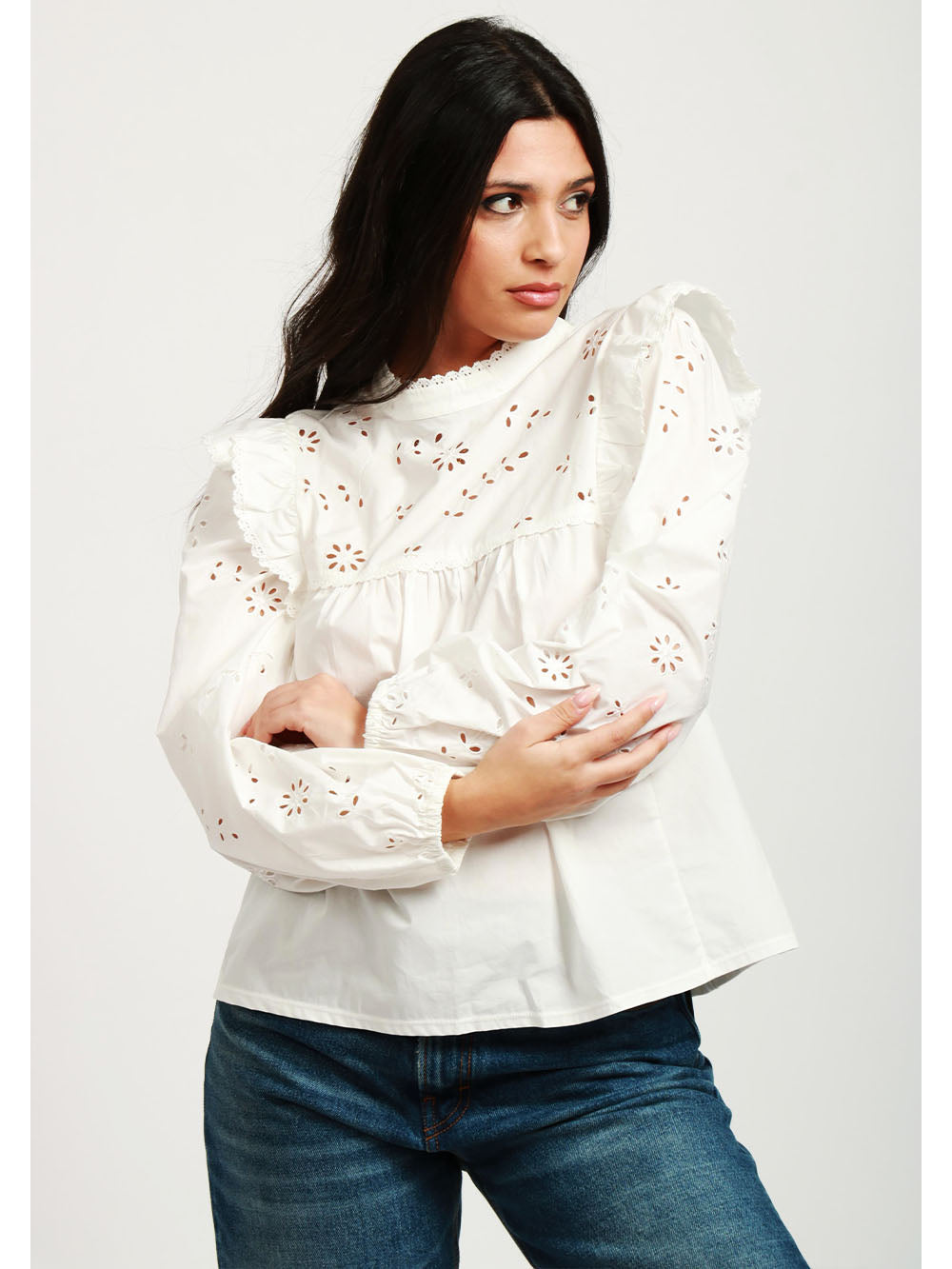 WEEKEND MAX MARA Blusa Taddeo in Popeline di Cotone Bianca con Pizzo Sangallo Panna