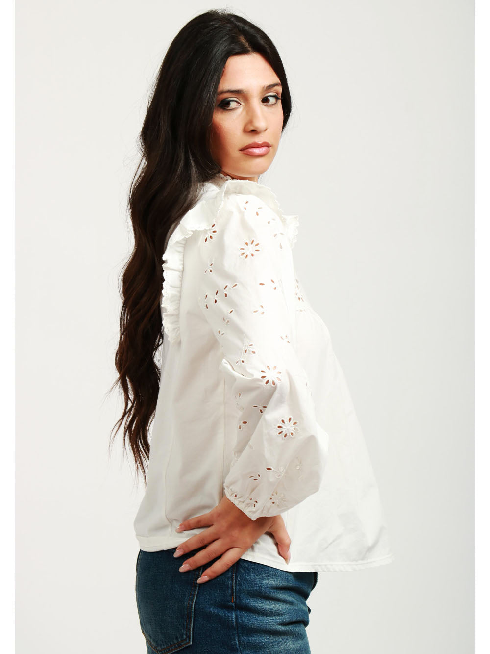 WEEKEND MAX MARA Blusa Taddeo in Popeline di Cotone Bianca con Pizzo Sangallo Panna