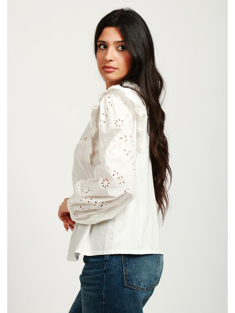 WEEKEND MAX MARA Blusa Taddeo in Popeline di Cotone Bianca con Pizzo Sangallo Panna
