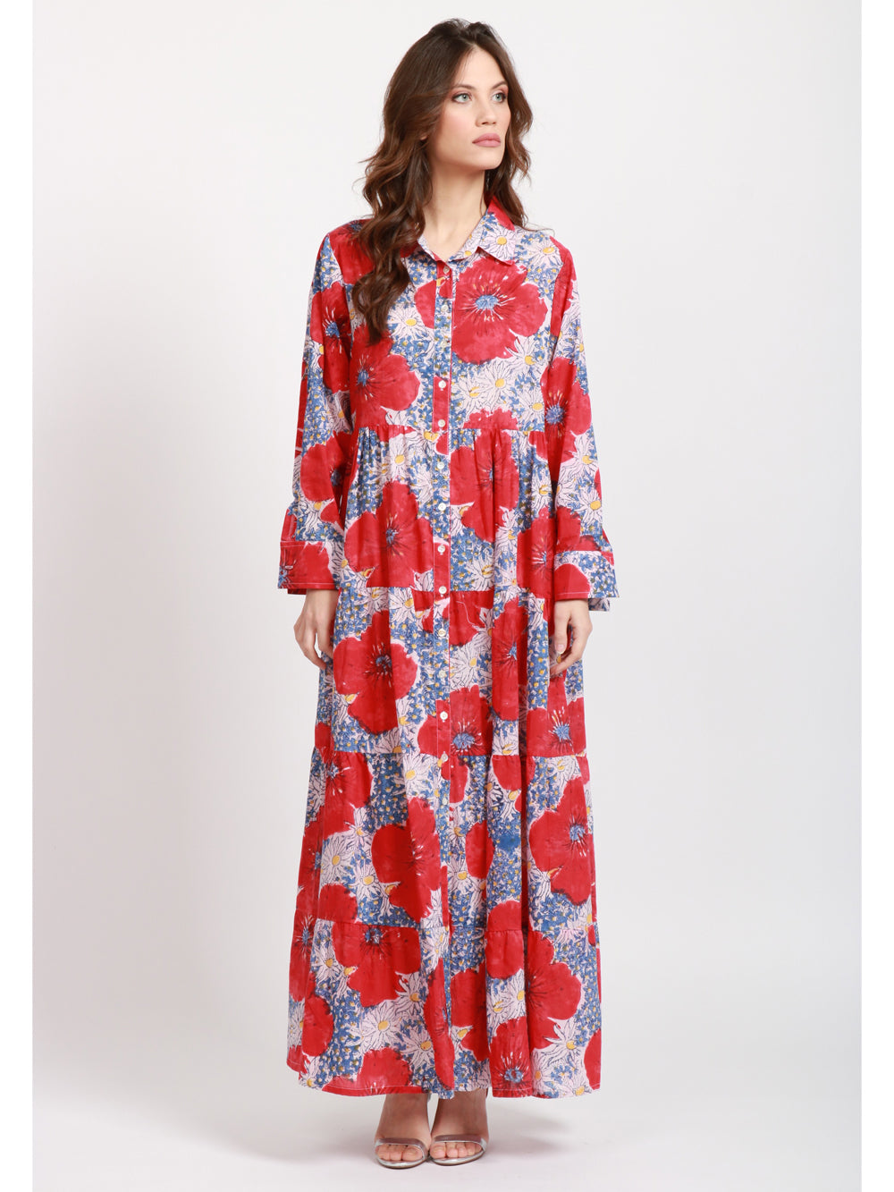 XIWIKJ VESTITO LARA CHEMISIER IN COTONE CON FANTASIA FLOREALE Rosso/blu/bianco