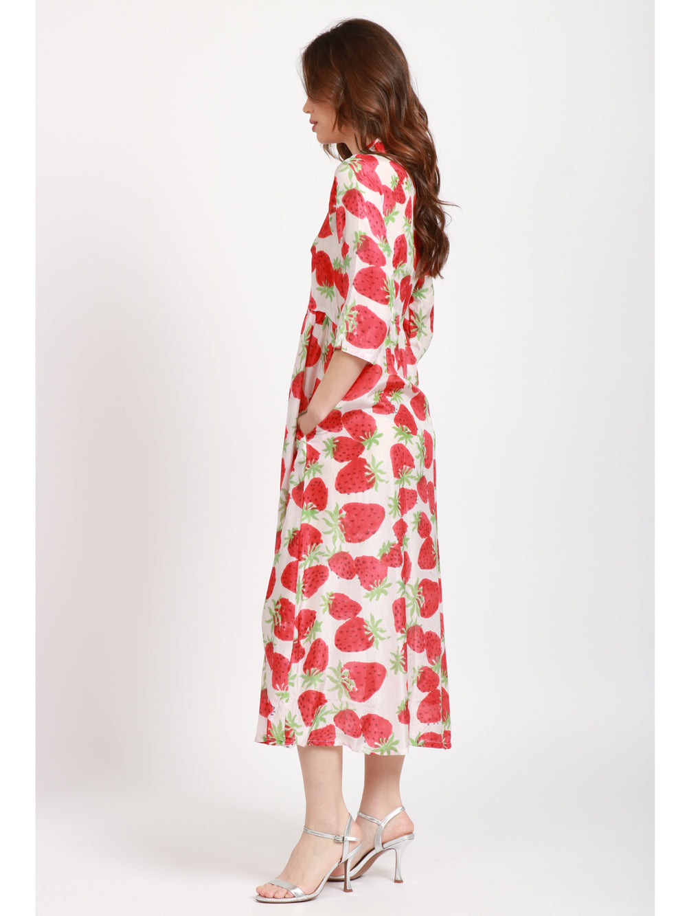 XIWIKJ VESTITO CECILIA CHEMISIER IN SETA CON FRAGOLE Bianco/rosso
