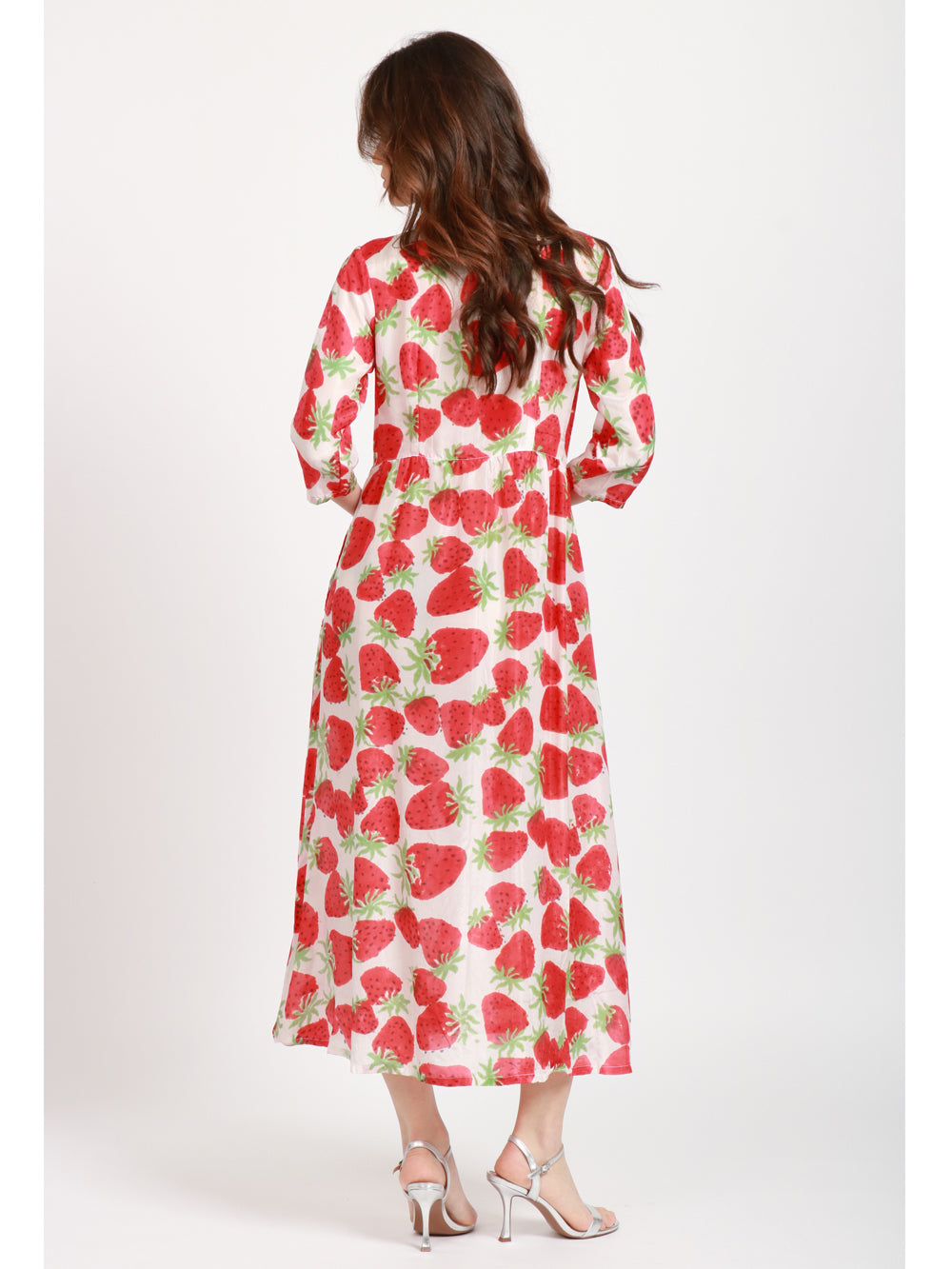 XIWIKJ VESTITO CECILIA CHEMISIER IN SETA CON FRAGOLE Bianco/rosso