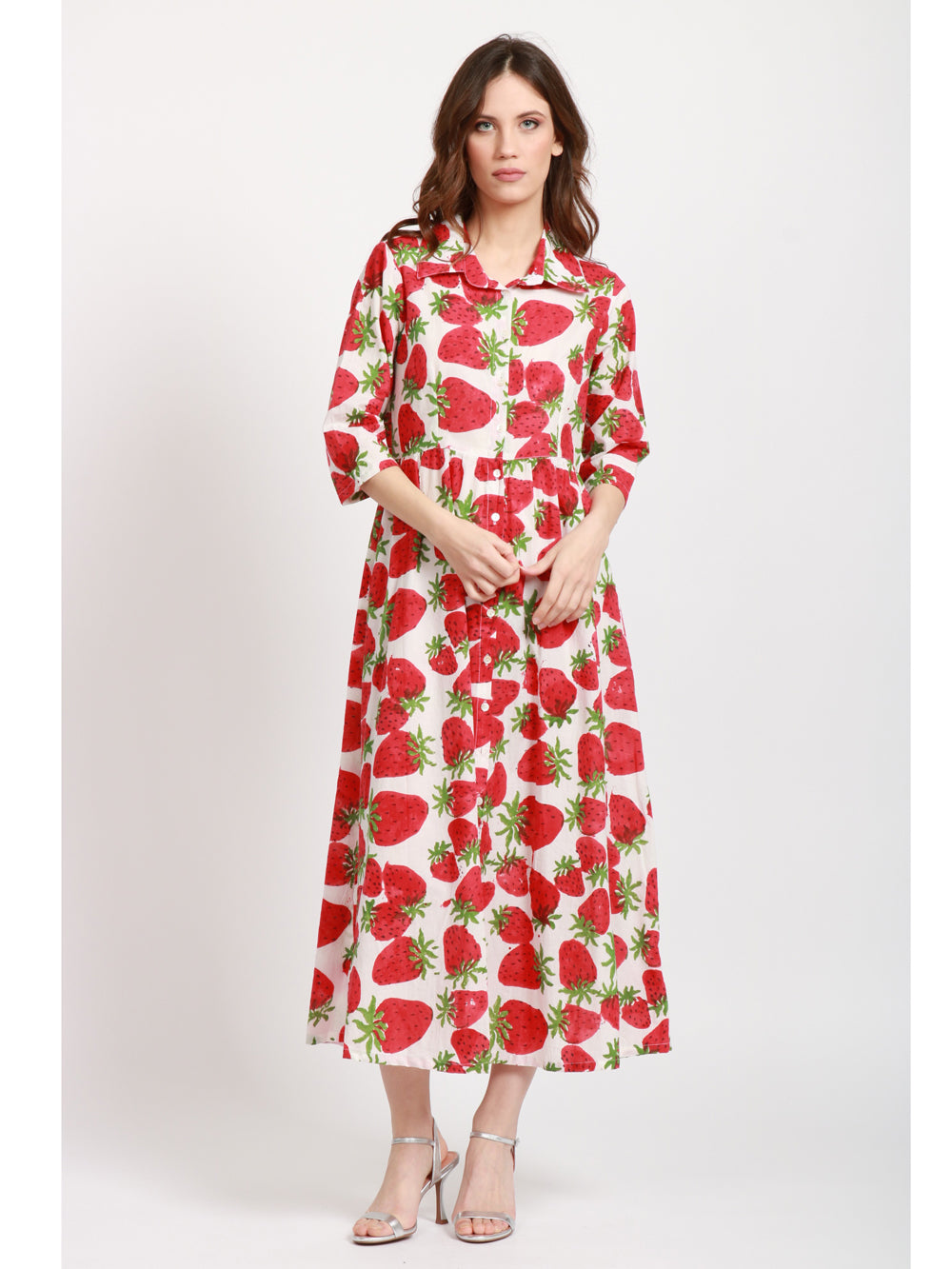 XIWIKJ VESTITO CECILIA CHEMISIER IN COTONE CON FRAGOLE Bianco/rosso