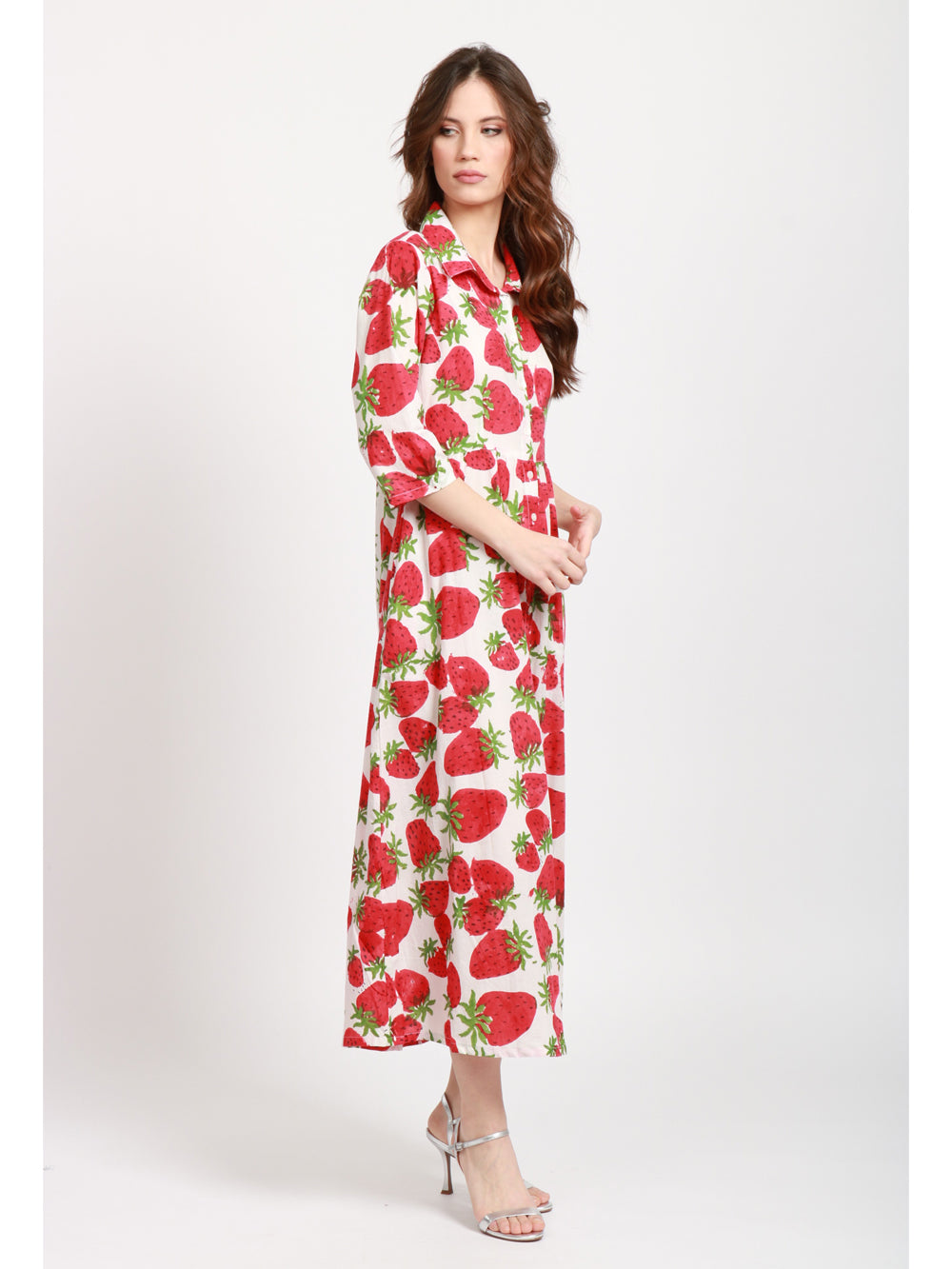 XIWIKJ VESTITO CECILIA CHEMISIER IN COTONE CON FRAGOLE Bianco/rosso