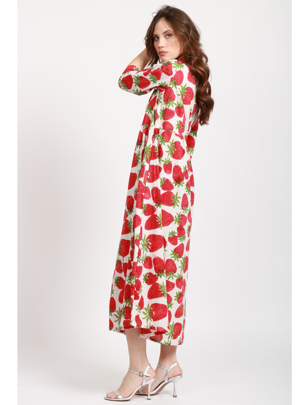 XIWIKJ VESTITO CECILIA CHEMISIER IN COTONE CON FRAGOLE Bianco/rosso