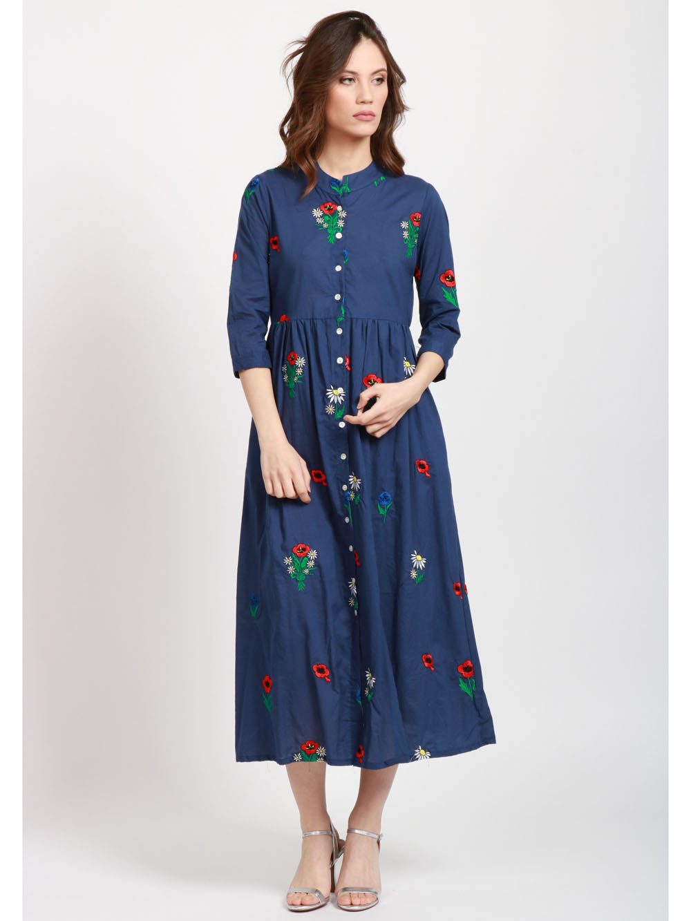 XIWIKJ VESTITO CHEMISIER BLU IN COTONE CON FIORI RICAMATI Blu