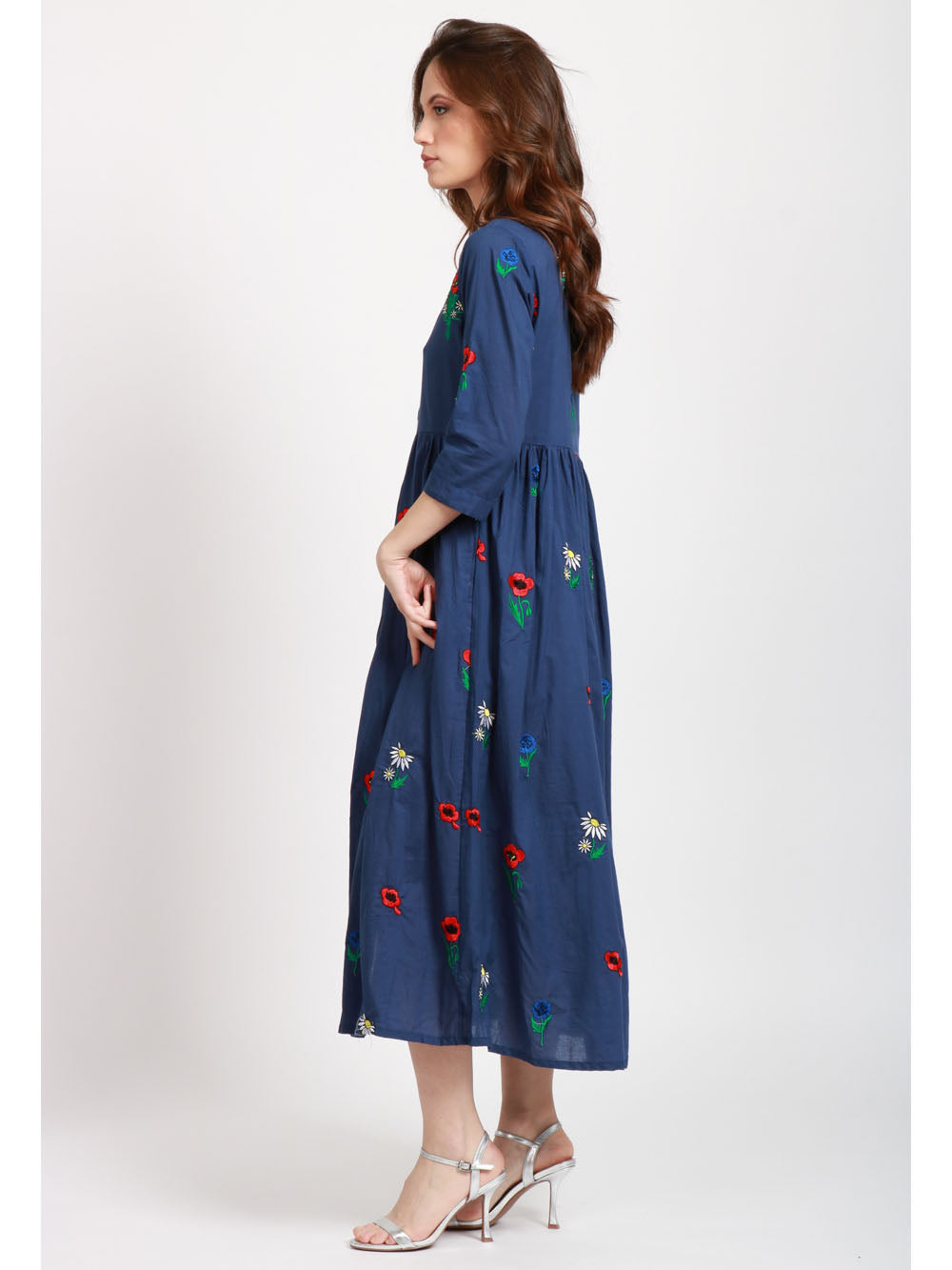 XIWIKJ VESTITO CHEMISIER BLU IN COTONE CON FIORI RICAMATI Blu