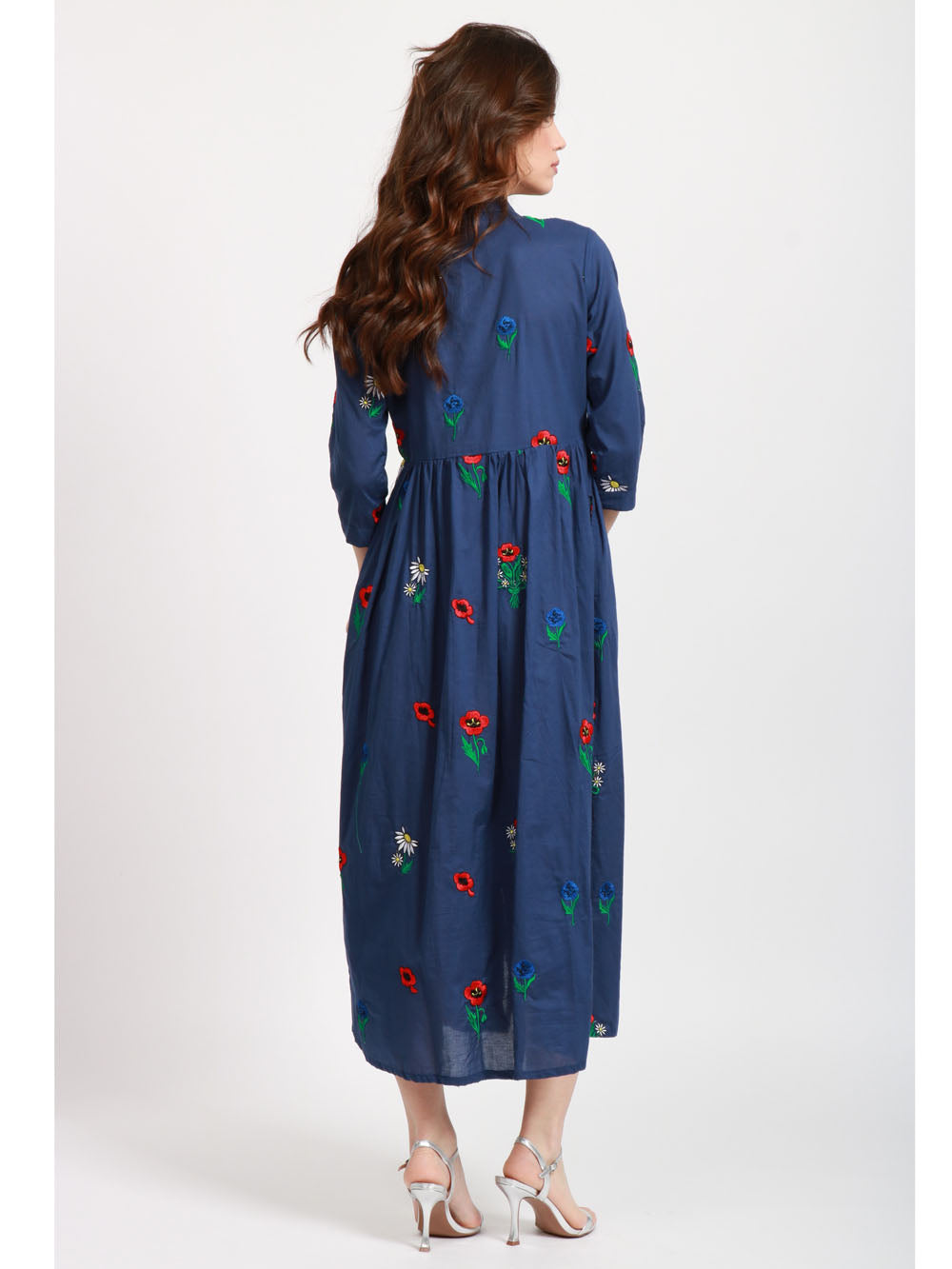 XIWIKJ VESTITO CHEMISIER BLU IN COTONE CON FIORI RICAMATI Blu
